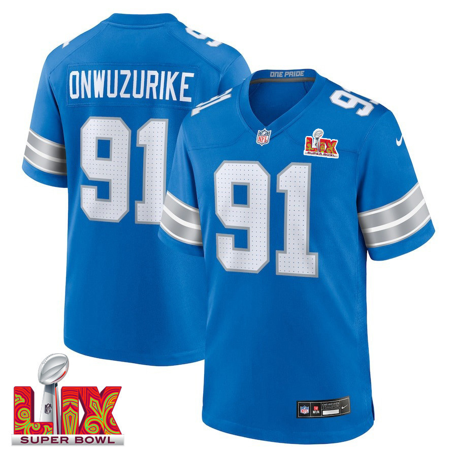 Levi Onwuzurike #91 Detroit Lions Super Bowl LIX Jersey - Men's - Blue