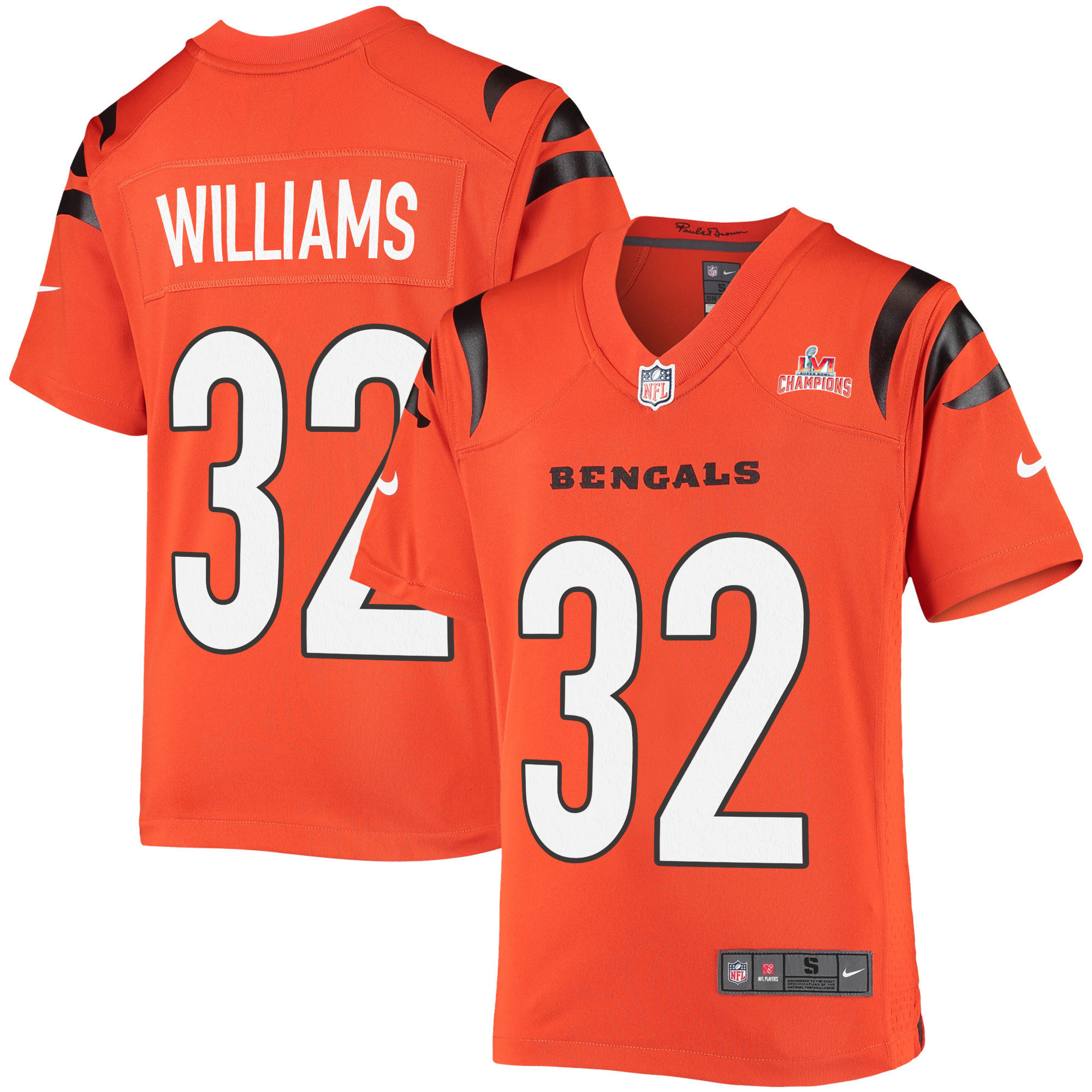 Super Bowl LVI Champions Cincinnati Bengals Trayveon Williams 32 Orange Youth's Jersey Jersey