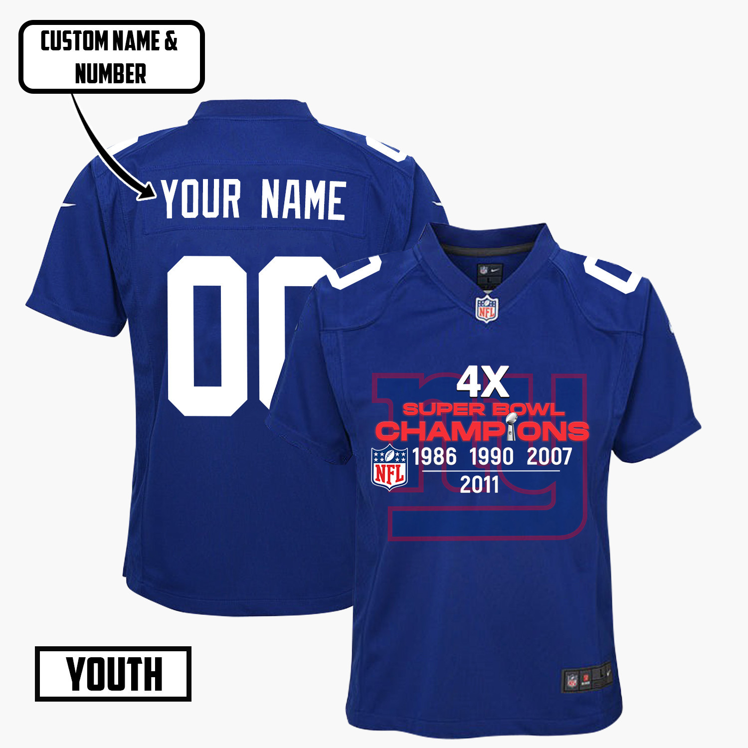 New York Giants 4X Super Bowl Champions Jersey - Youth, Royal
