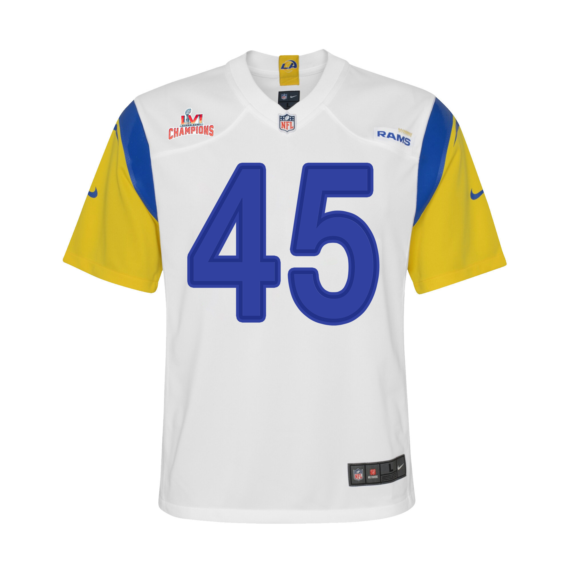 Super Bowl LVI Champions Los Angeles Rams Ogbonnia Okoronkwo 45 White Youth's Jersey Jersey