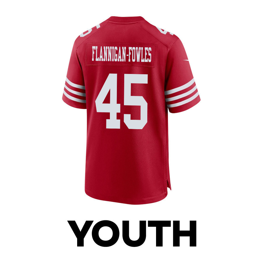 Demetrius Flannigan-Fowles 45 San Francisco 49ers Super Bowl LVIII Patch Game YOUTH Jersey - Scarlet