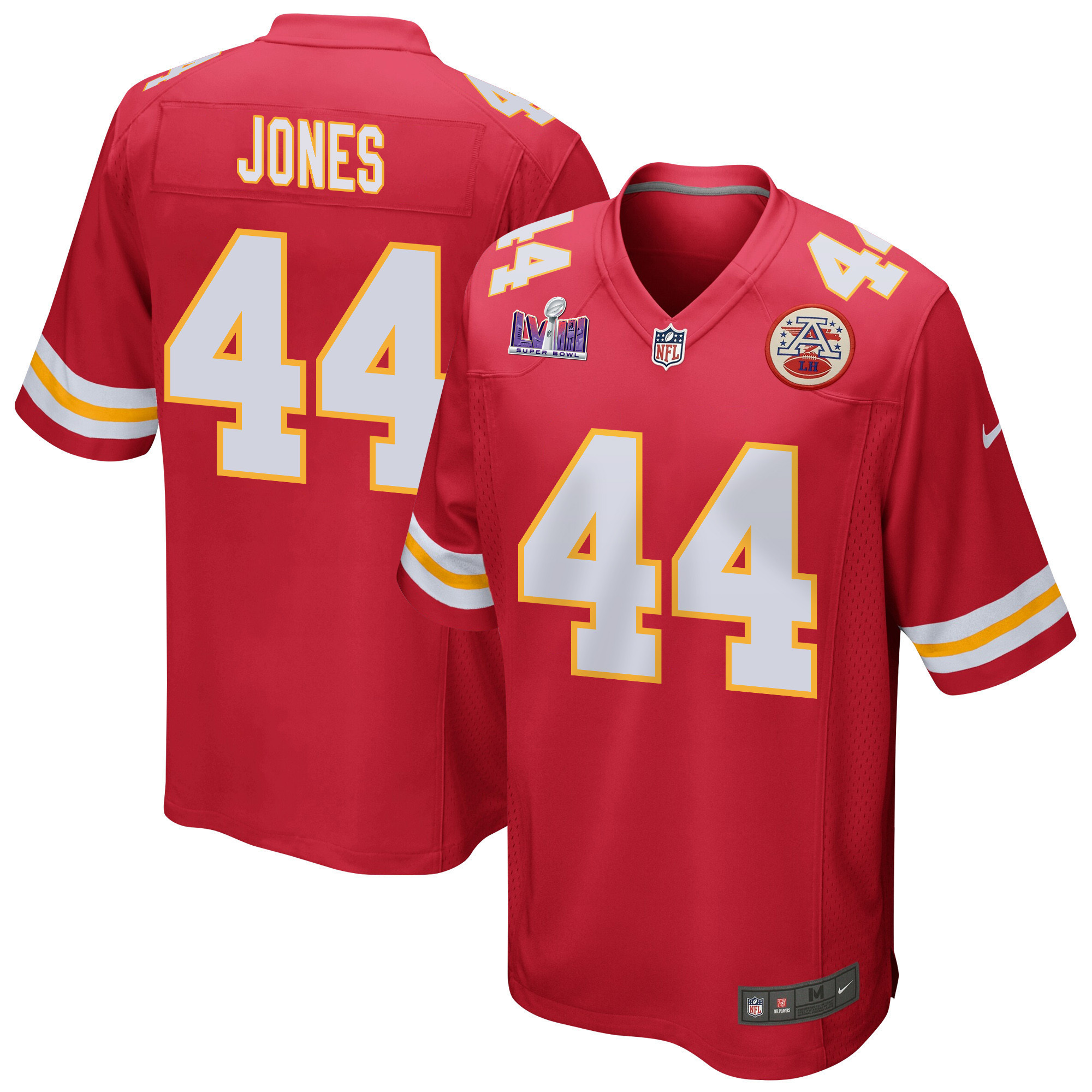Cam Jones 44 Kansas City Chiefs Super Bowl LVIII Patch Game Men Jersey - Red