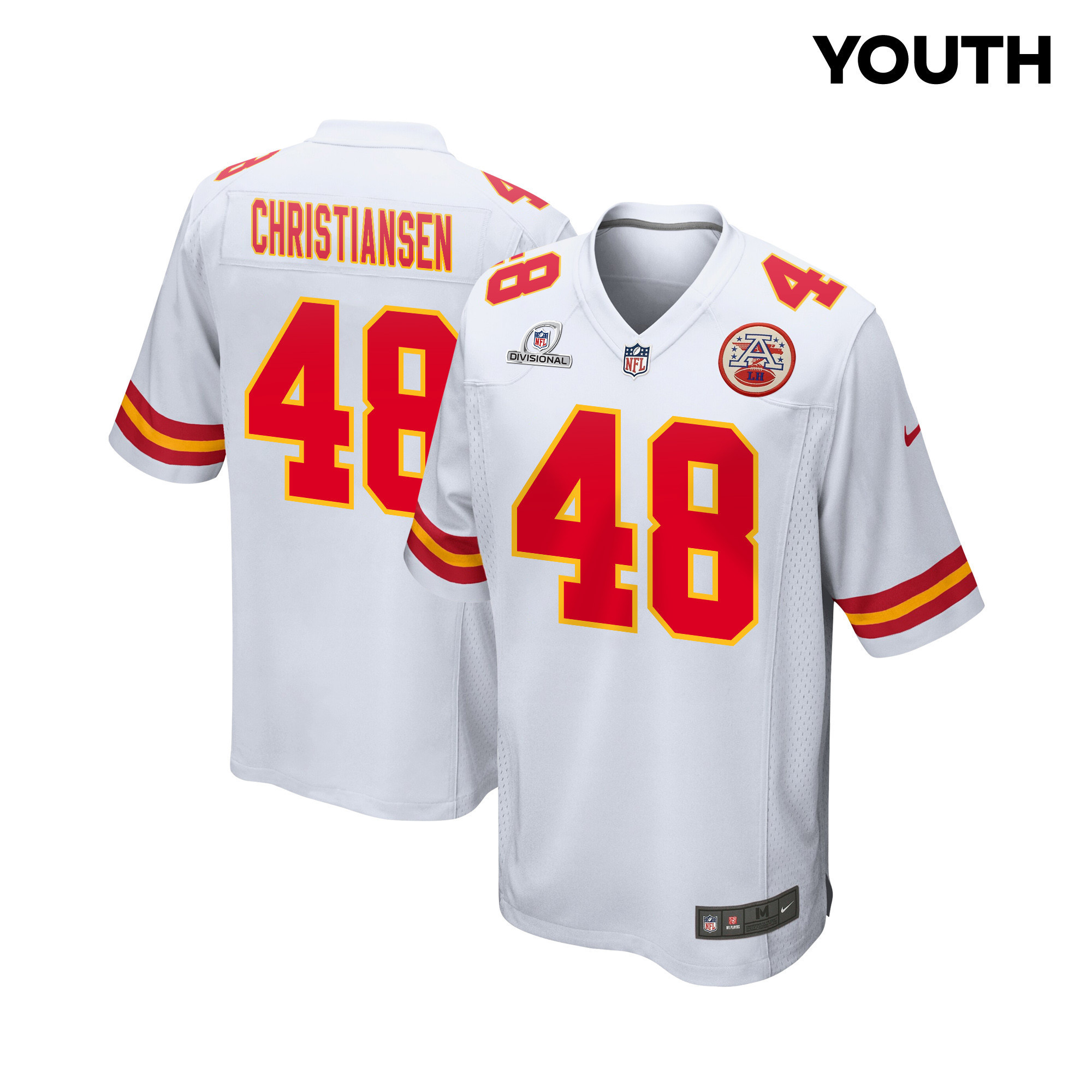 Cole Christiansen 48 Kansas City Chiefs Super Bowl LVIII Patch Game YOUTH Jersey - White