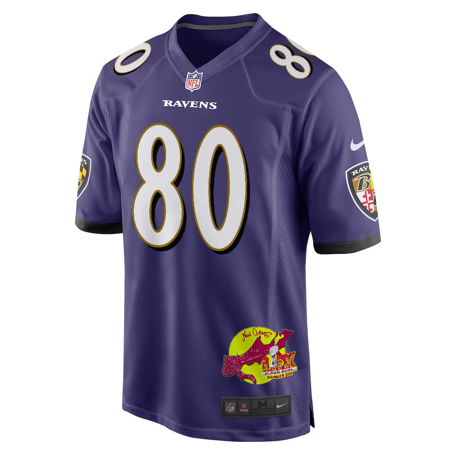 Isaiah Likely 80 Baltimore Ravens Super Bowl LIX New Orleans Patch Game Men Jersey - Purple
