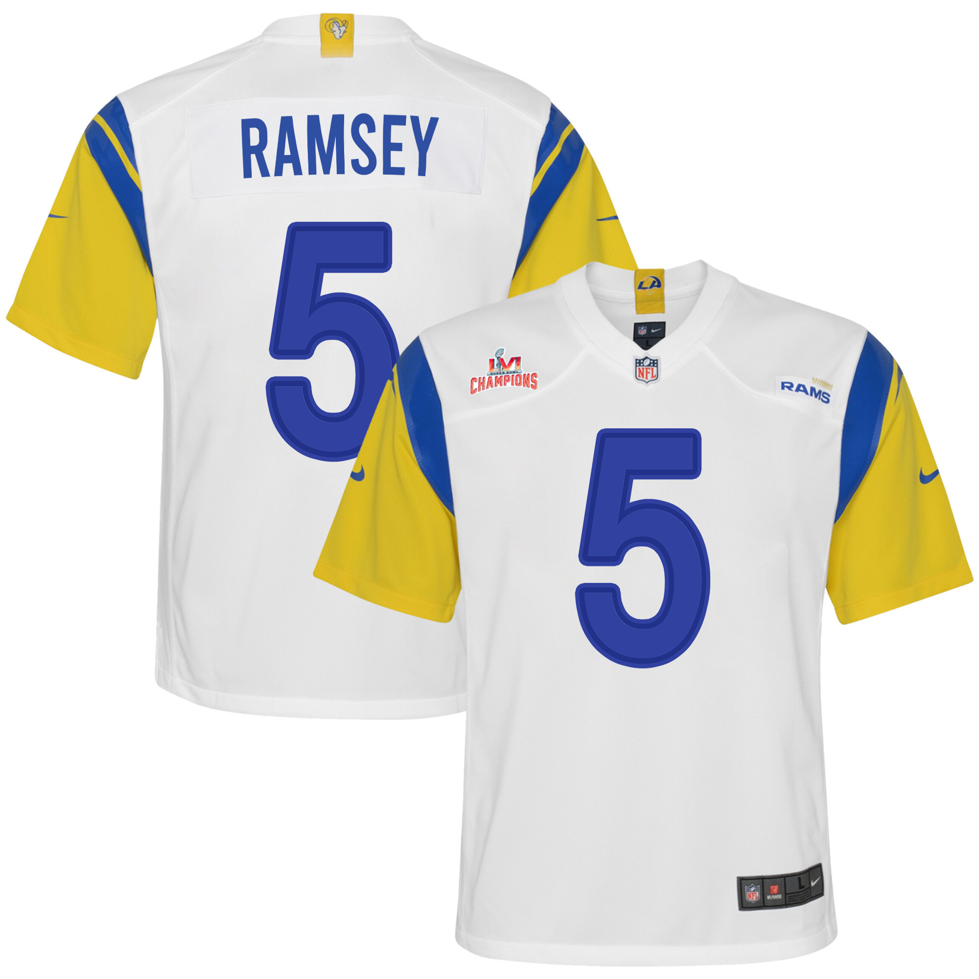 Super Bowl LVI Champions Los Angeles Rams Jalen Ramsey 5 White Youth's Jersey Jersey