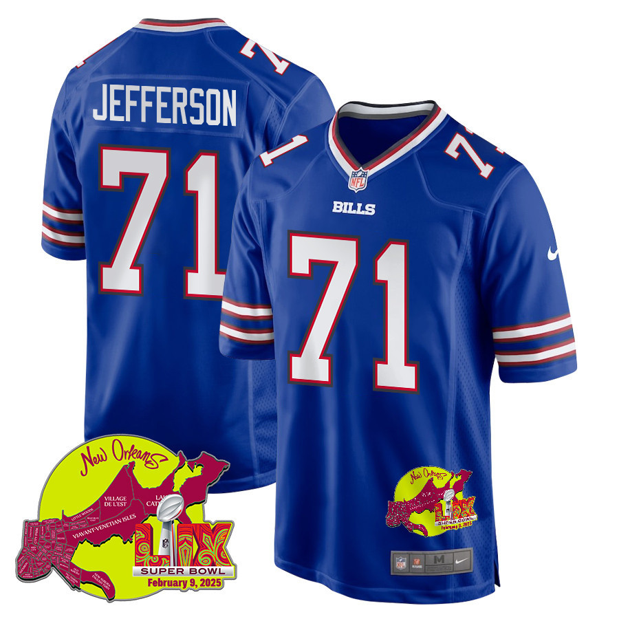 Quinton Jefferson 71 Buffalo Bills Super Bowl LIX New Orleans Patch Game Men Jersey - Royal
