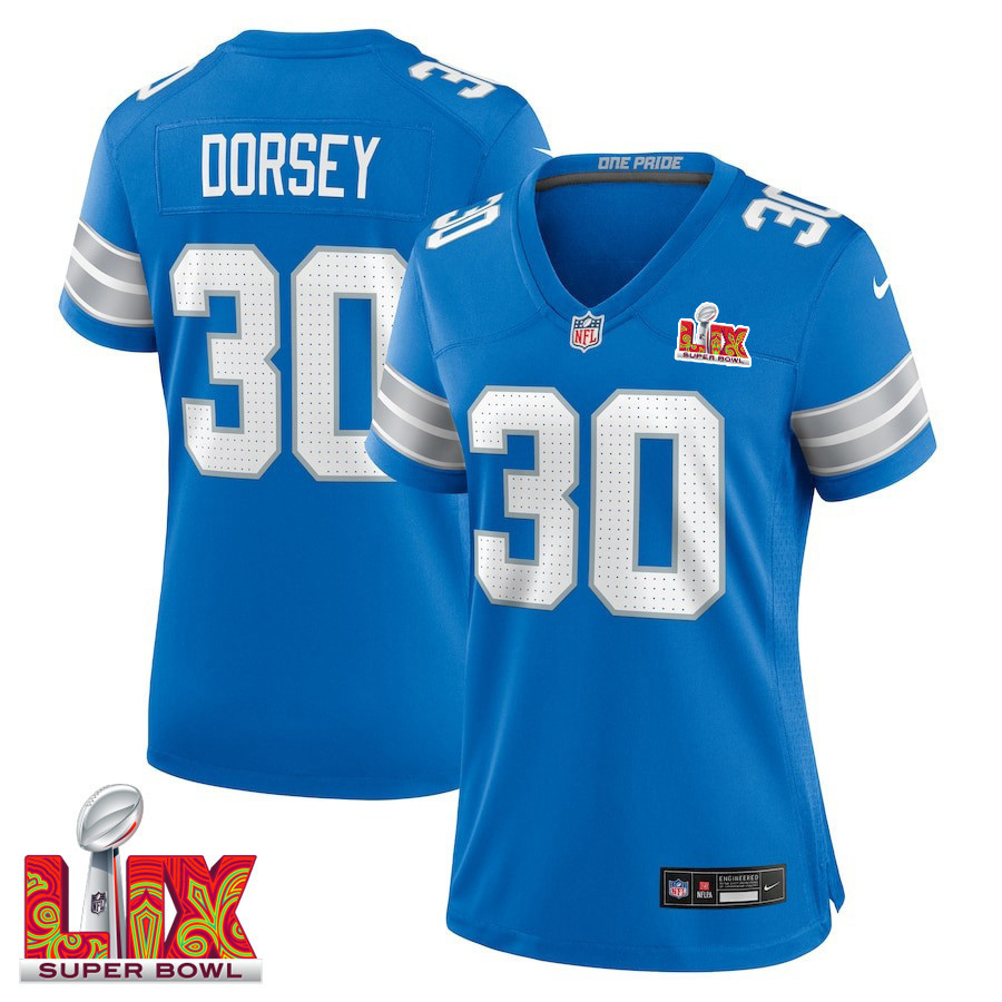 Khalil Dorsey #30 Detroit Lions Super Bowl LIX Women's Jersey - Blue
