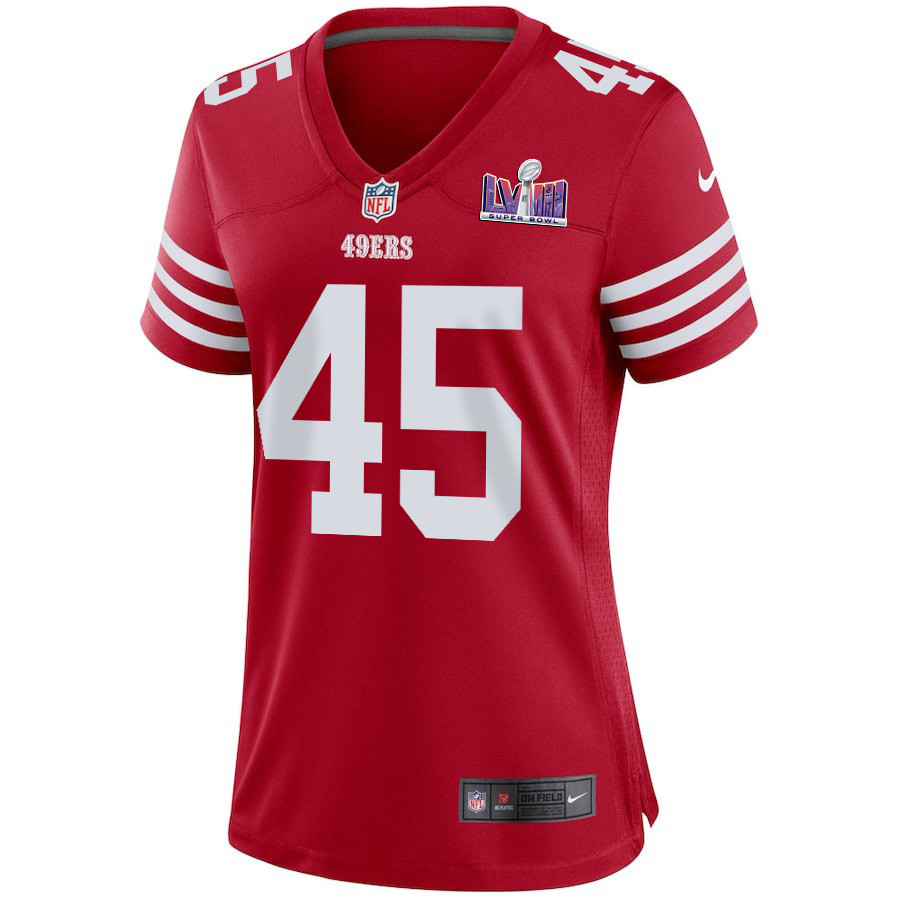 Demetrius Flannigan-Fowles 45 San Francisco 49ers Super Bowl LVIII Patch Game Women Jersey - Scarlet