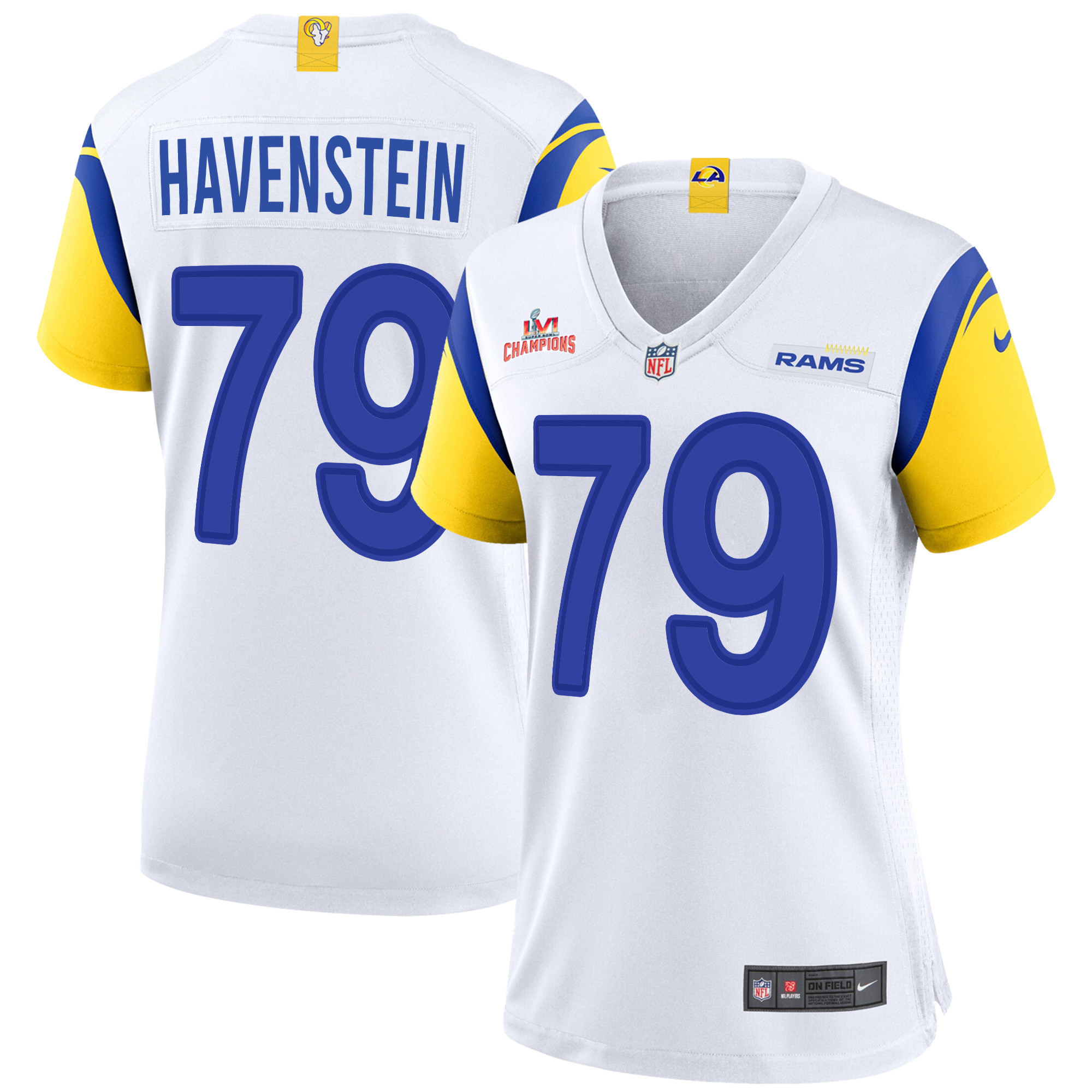 Super Bowl LVI Champions Los Angeles Rams Rob Havenstein 79 White Women's Jersey Jersey
