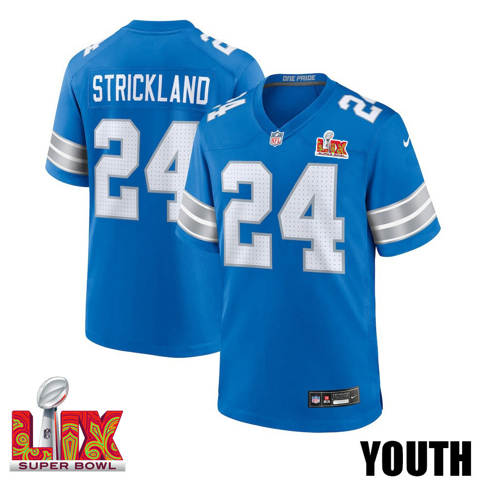 Loren Strickland #24 Detroit Lions Super Bowl LIX YOUTH Jersey - Blue
