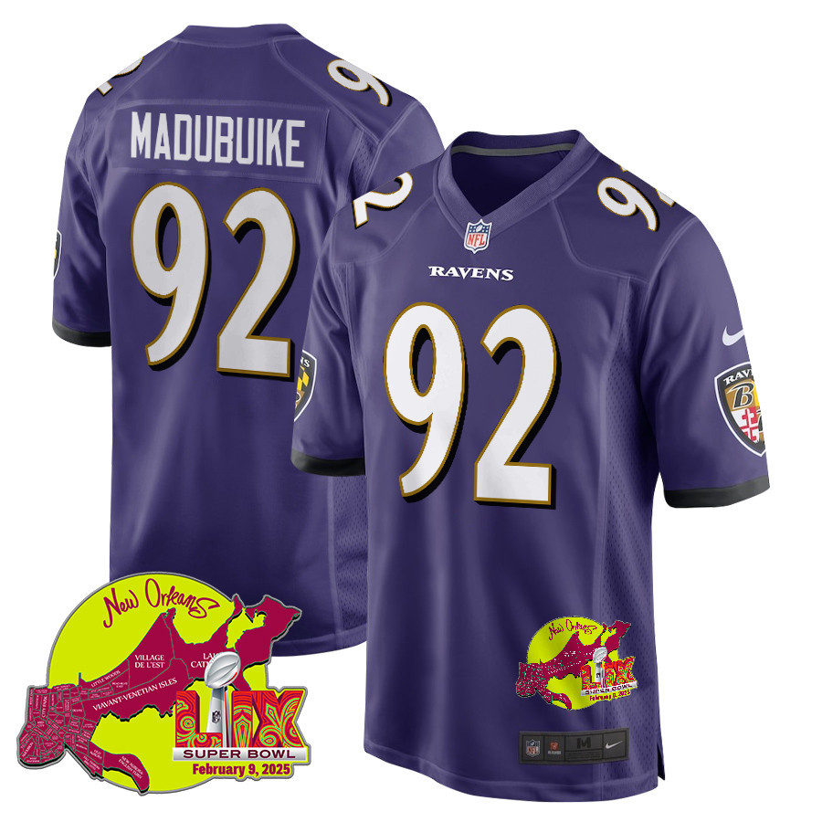 Nnamdi Madubuike 92 Baltimore Ravens Super Bowl LIX New Orleans Patch Game Men Jersey - Purple