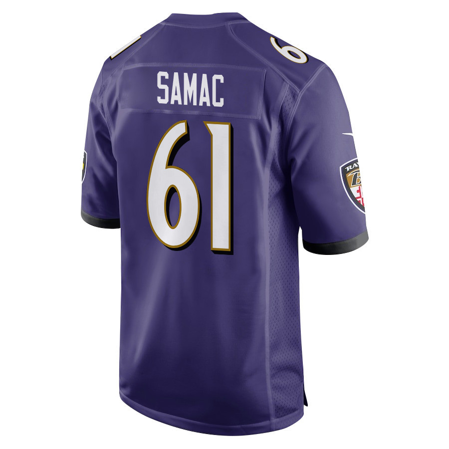 Nick Samac 61 Baltimore Ravens Super Bowl LIX New Orleans Patch Game Men Jersey - Purple