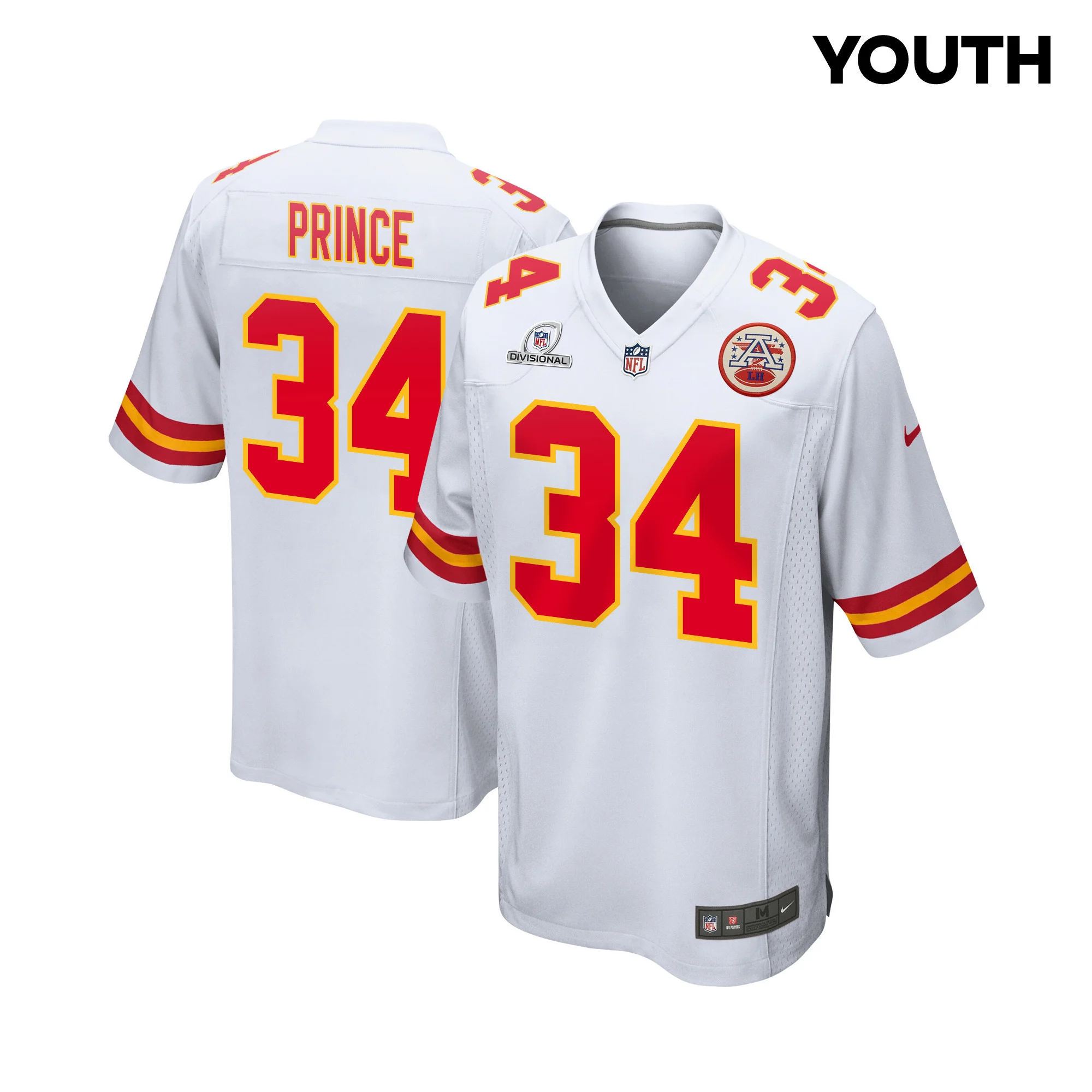 Deneric Prince 34 Kansas City Chiefs Super Bowl LVIII Patch Game YOUTH Jersey - White