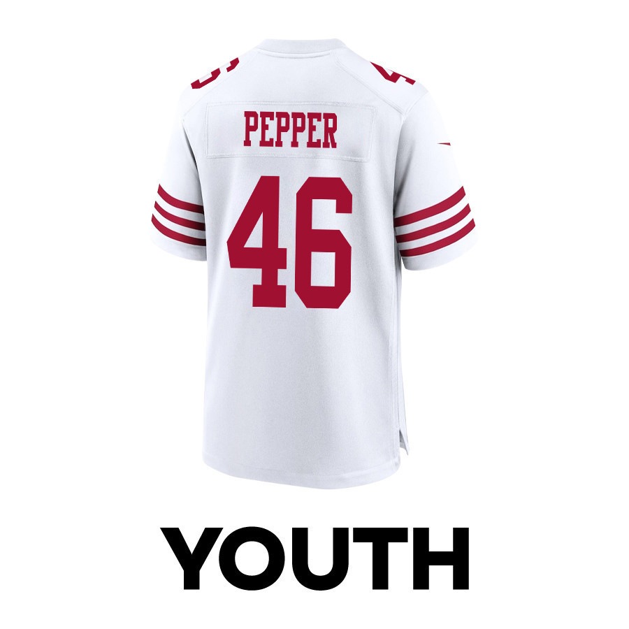 Taybor Pepper 46 San Francisco 49ers Super Bowl LVIII Patch Game YOUTH Jersey - White