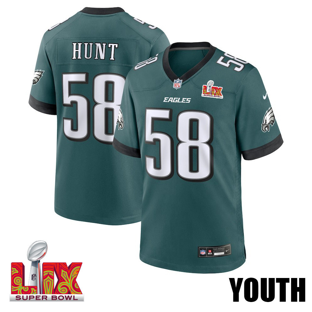Jalyx Hunt #58 Philadelphia Eagles Super Bowl LIX YOUTH Jersey - Midnight Green