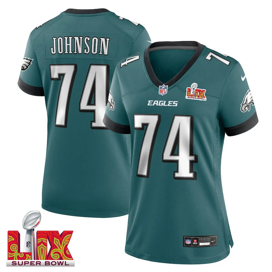 Fred Johnson #74 Philadelphia Eagles Super Bowl LIX Women's Jersey - Midnight Green
