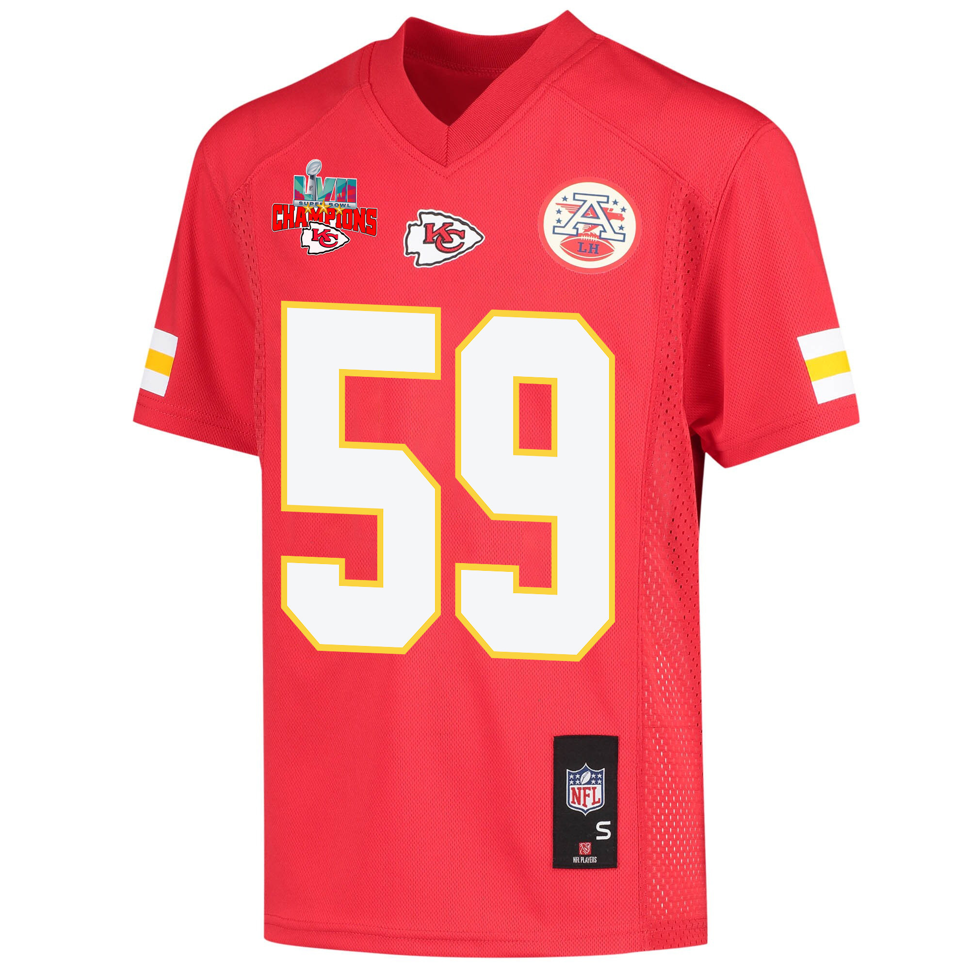 Joshua Kaindoh 59 Kansas City Chiefs Super Bowl LVII Champions 3 Stars Youth Game Jersey - Red