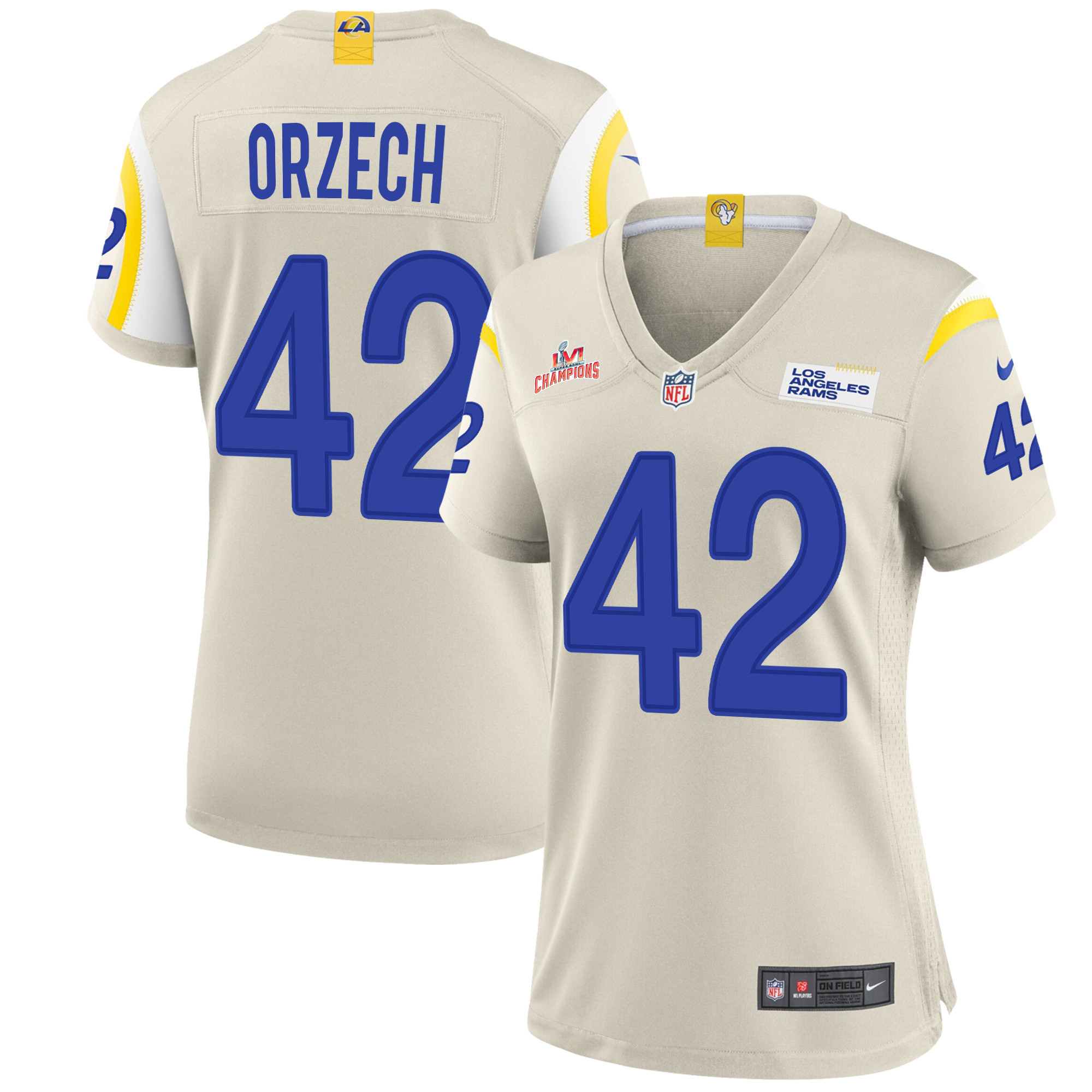 Super Bowl LVI Champions Los Angeles Rams Matthew Orzech 42 Bone Women's Jersey Jersey