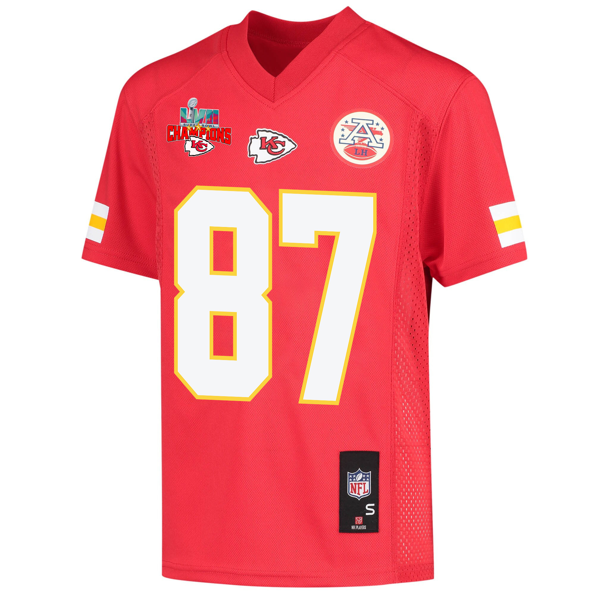 Travis Kelce 87 Kansas City Chiefs Super Bowl LVII Champions 3 Stars Youth Game Jersey - Red