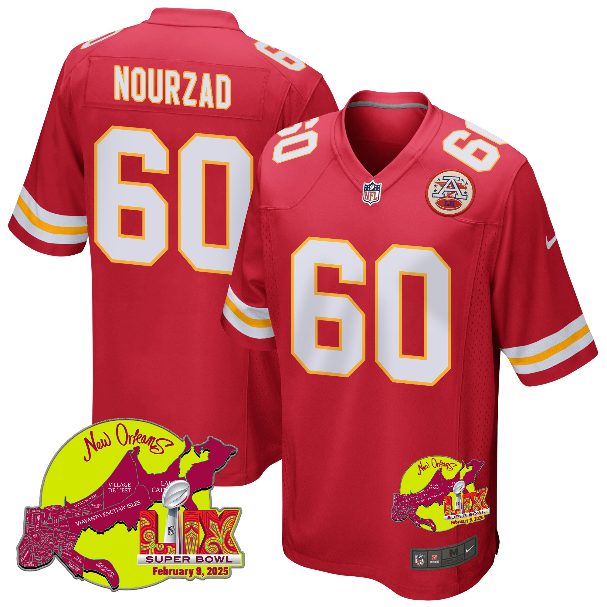 Hunter Nourzad 60 Kansas City Chiefs Super Bowl LIX New Orleans Patch Game Men Jersey - Red