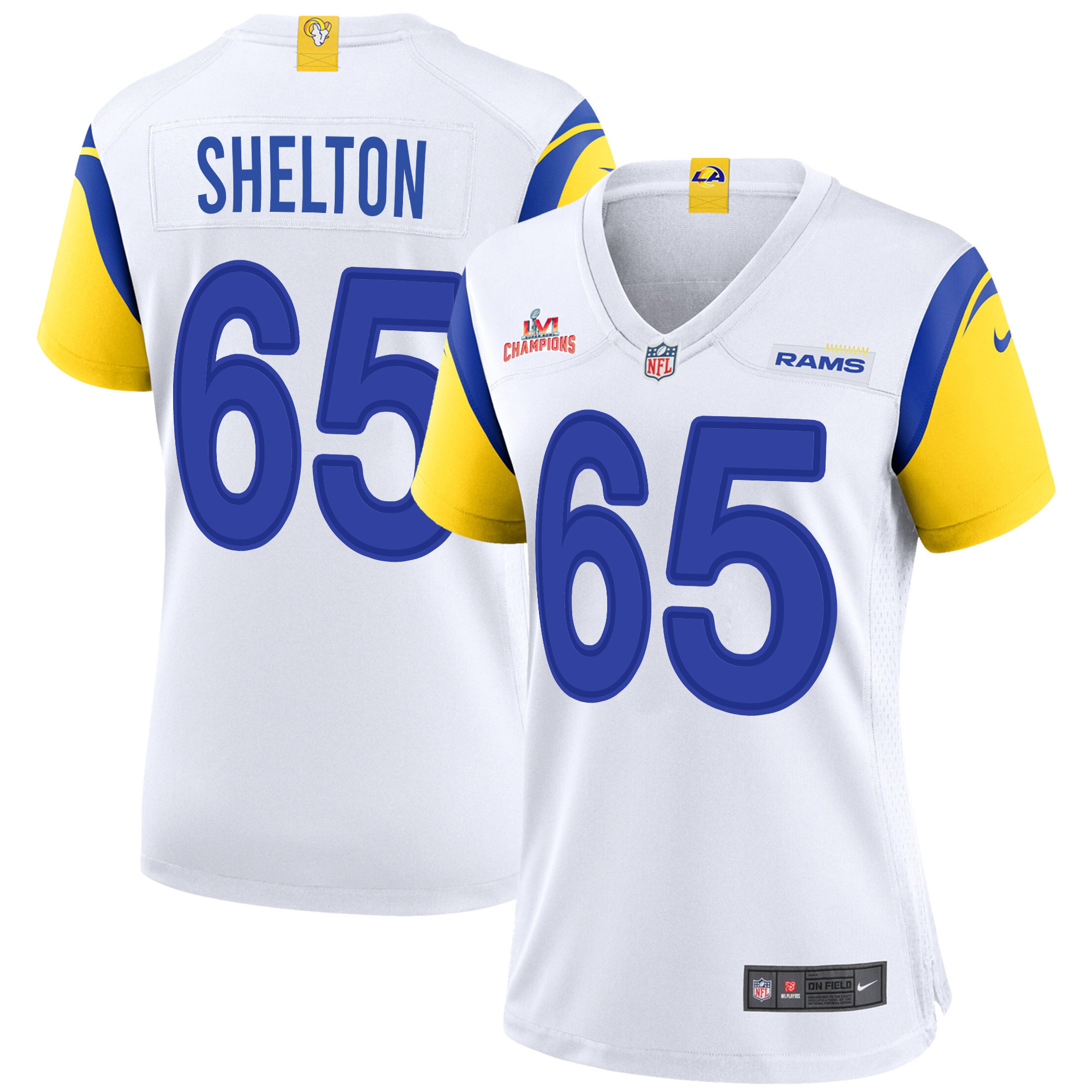 Super Bowl LVI Champions Los Angeles Rams Coleman Shelton 65 White Women's Jersey Jersey
