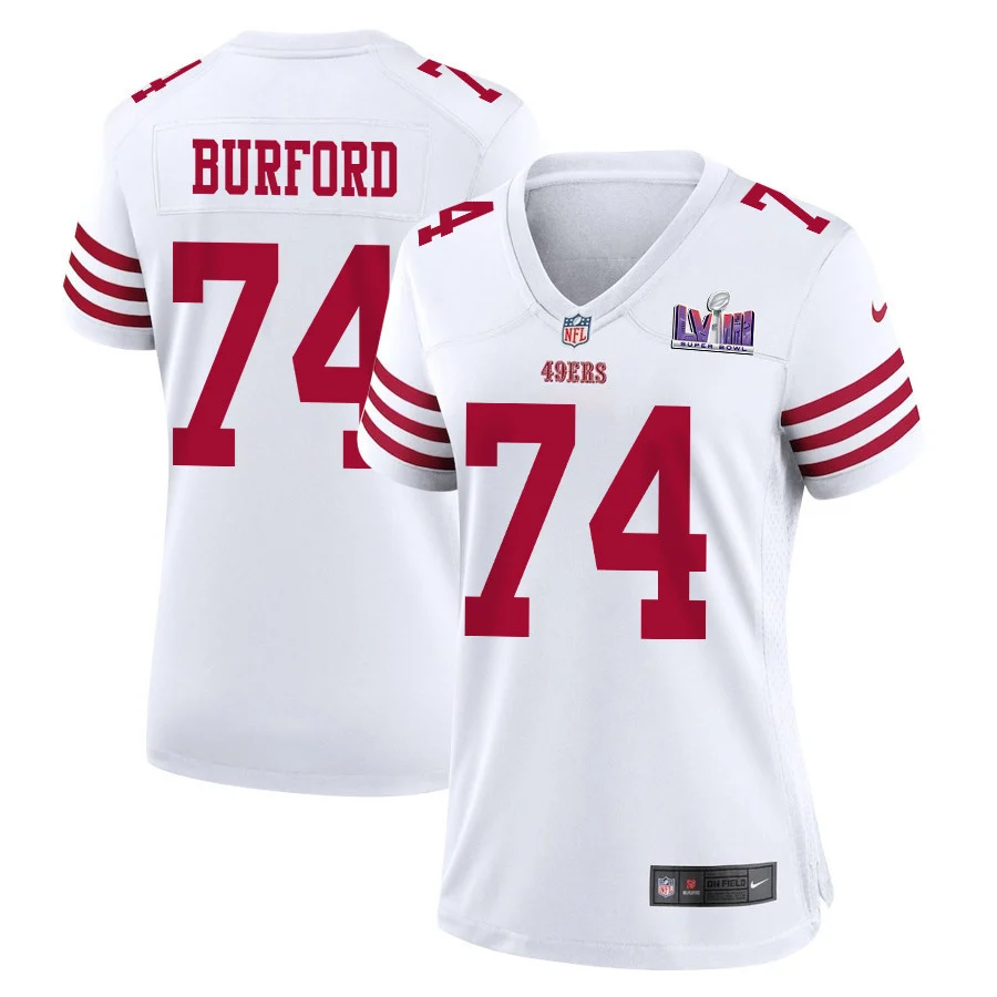 Spencer Burford 74 San Francisco 49ers Super Bowl LVIII Patch Game Women Jersey - White