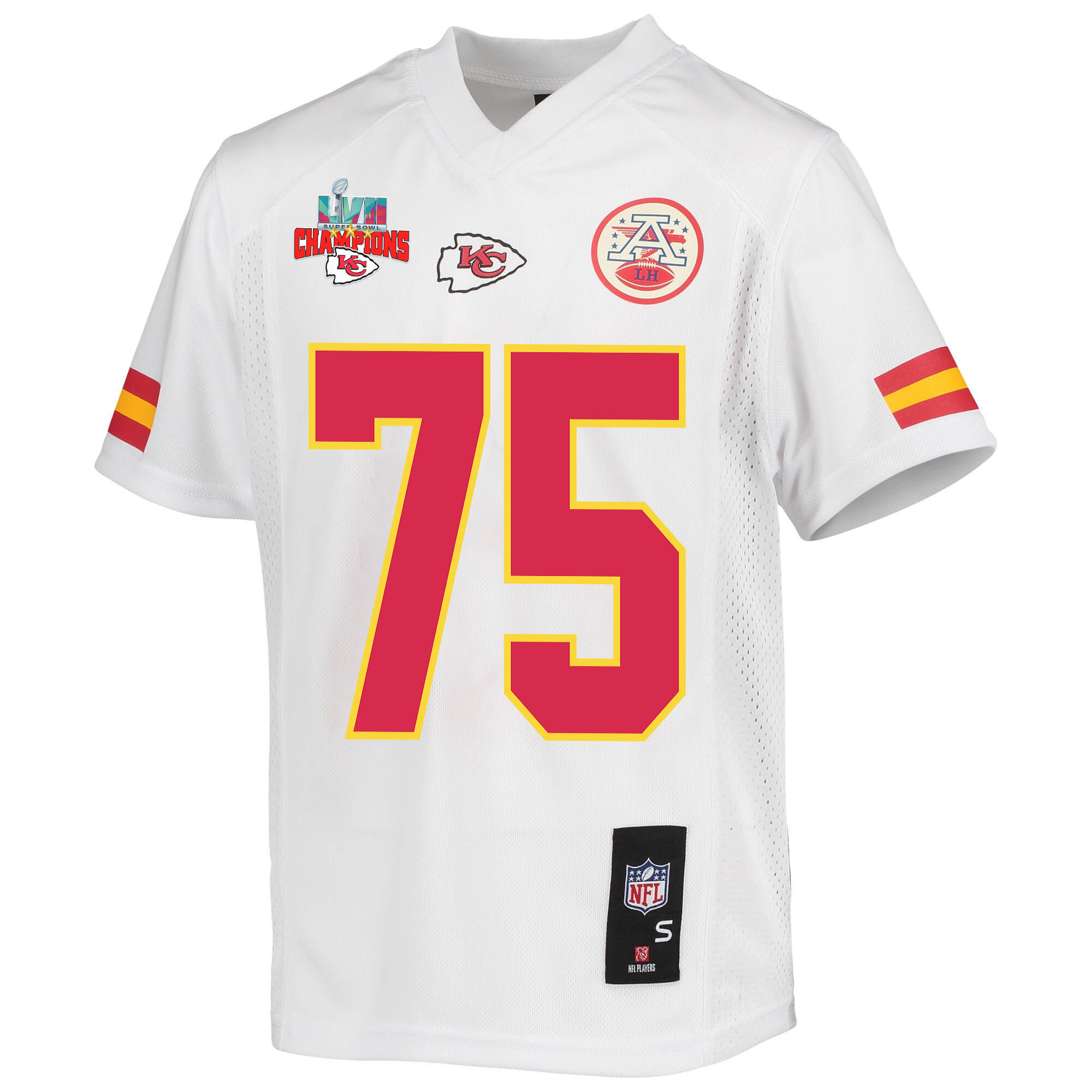Darian Kinnard 75 Kansas City Chiefs Super Bowl LVII Champions 3 Stars Youth Game Jersey - White