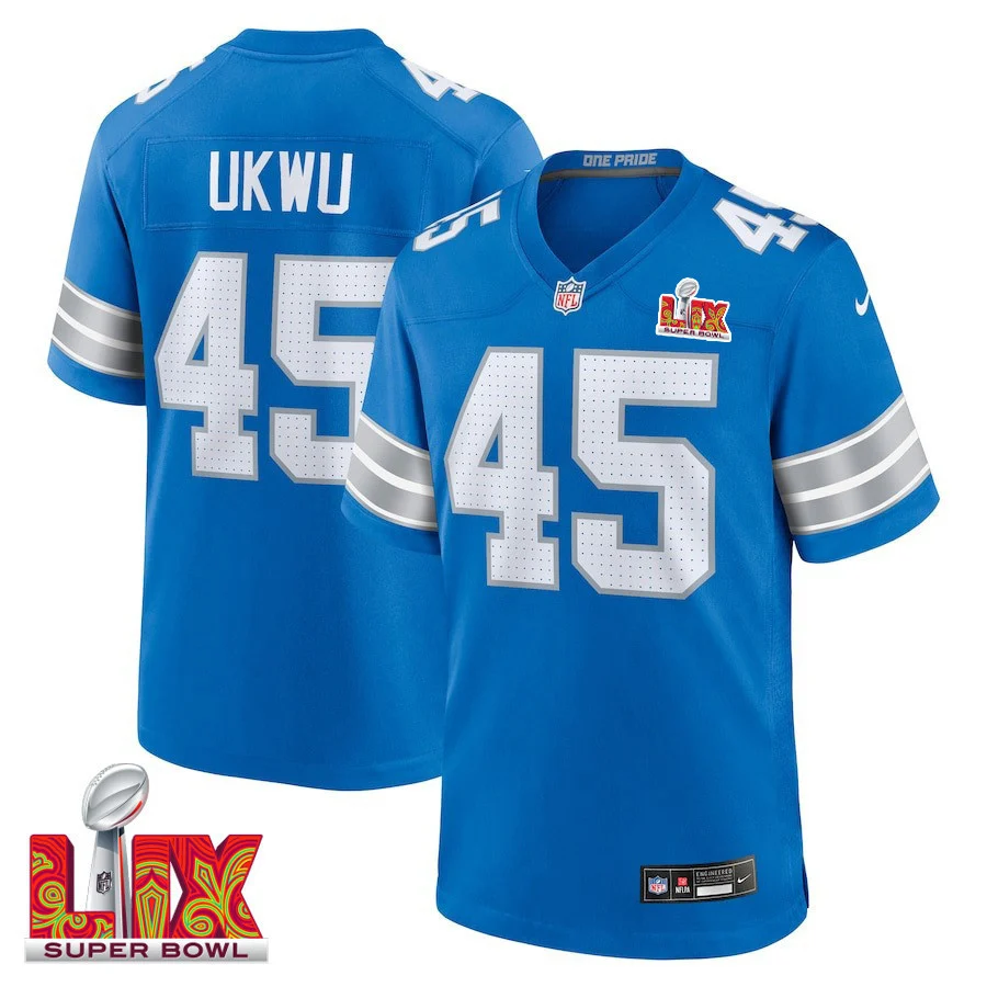 Isaac Ukwu #45 Detroit Lions Super Bowl LIX Jersey - Men's - Blue