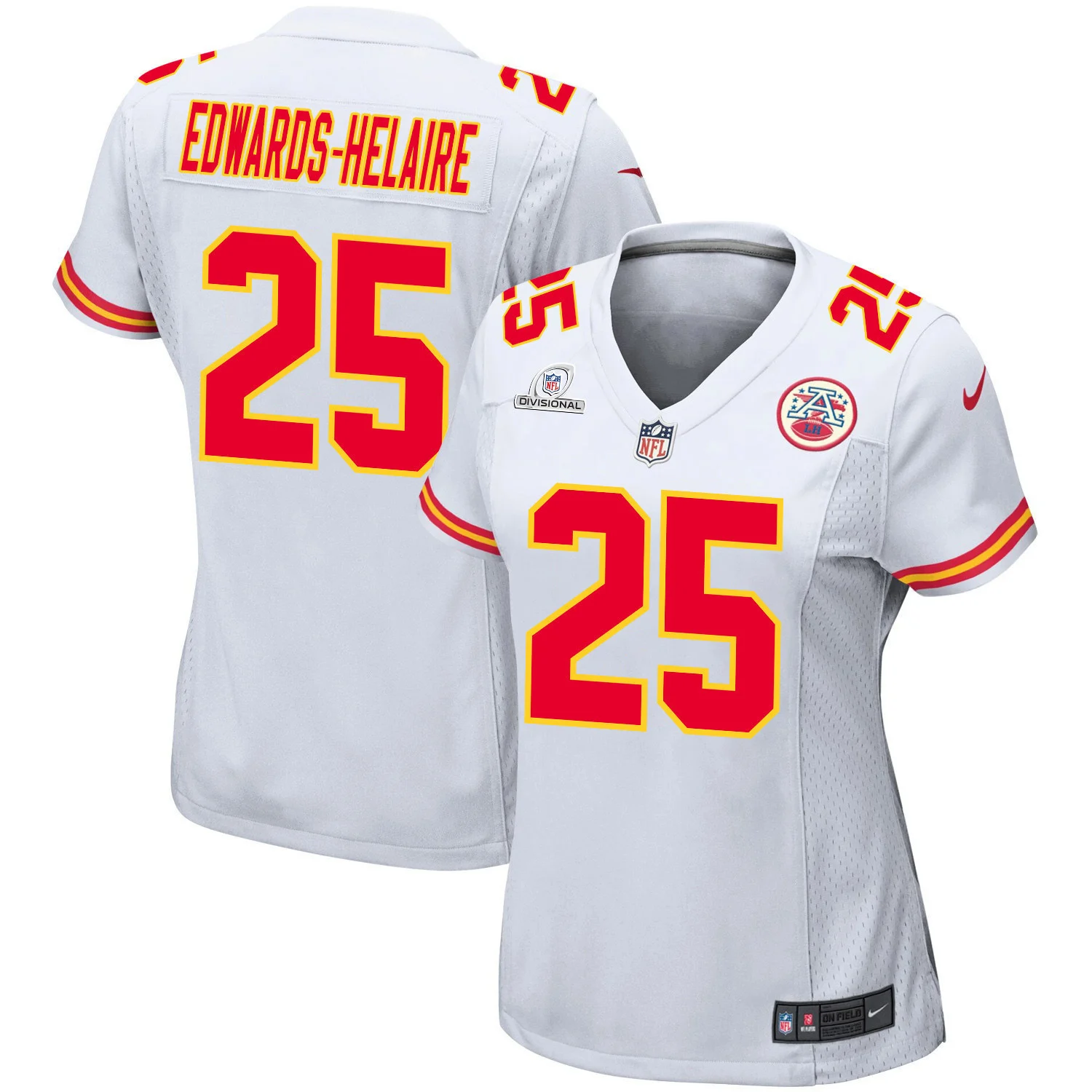 Clyde Edwards-Helaire 25 Kansas City Chiefs Super Bowl LVIII Patch Game Women Jersey - White