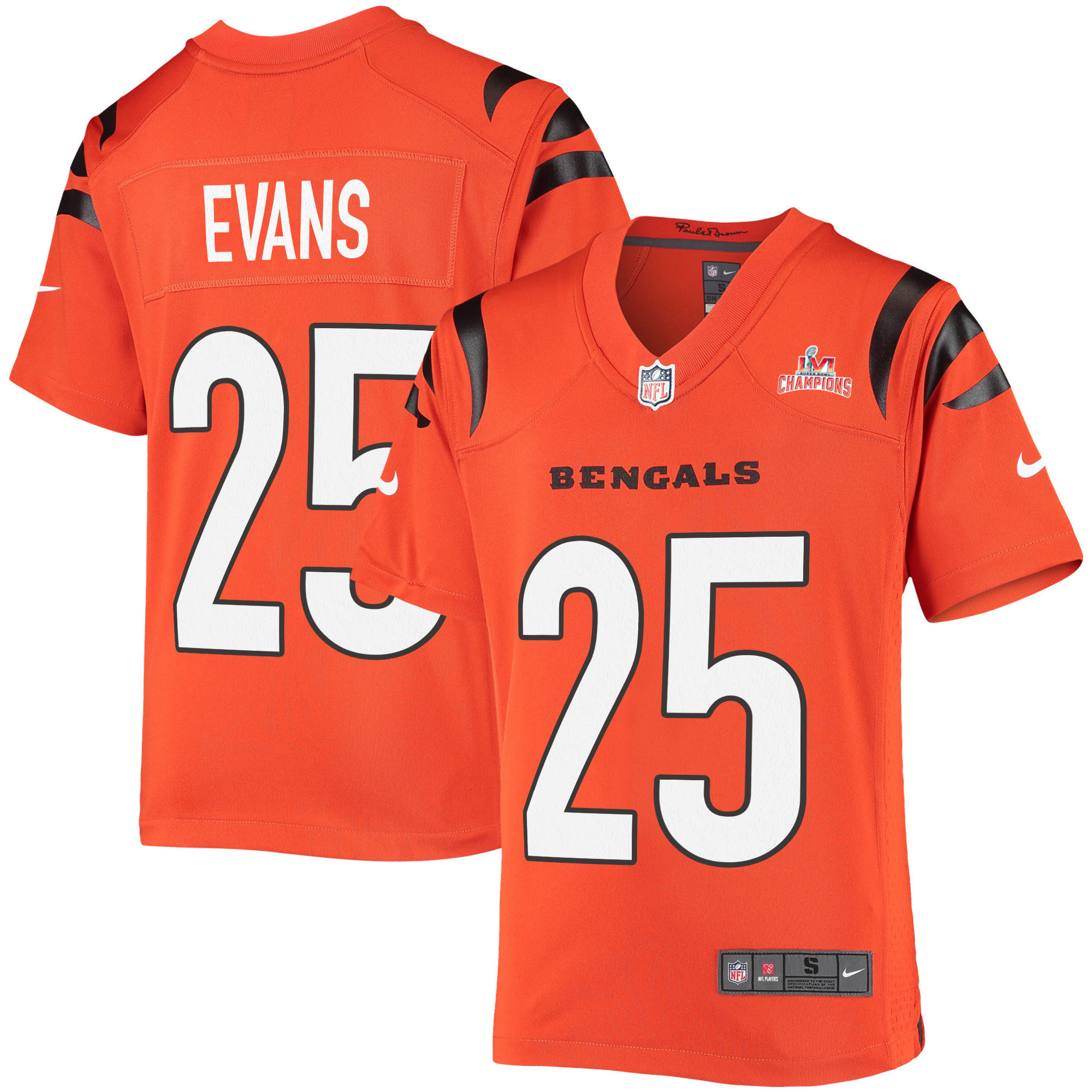 Super Bowl LVI Champions Cincinnati Bengals Chris Evans 25 Orange Youth's Jersey Jersey