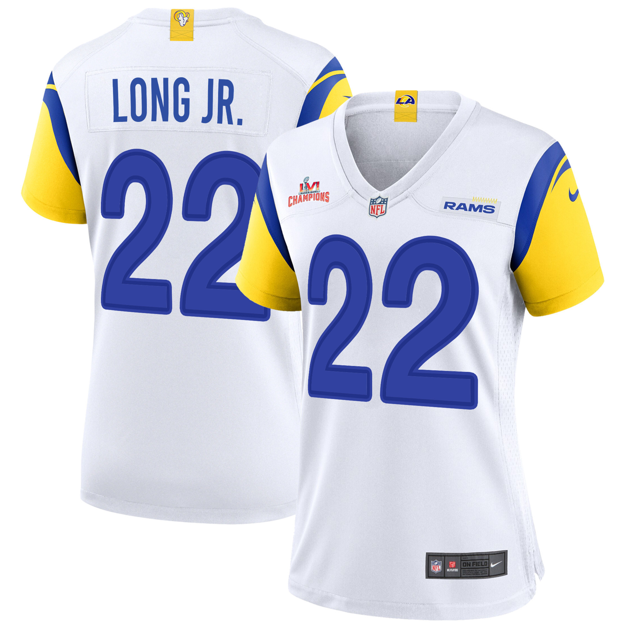 Super Bowl LVI Champions Los Angeles Rams David Long Jr. 22 White Women's Jersey Jersey