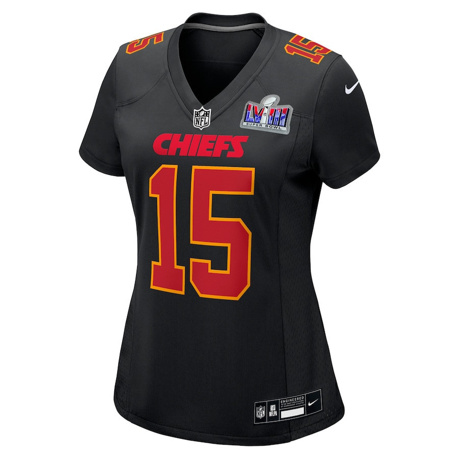 Patrick Mahomes 15 Kansas City Chiefs Super Bowl LVIII Fashion Game Women Jersey - Carbon Black