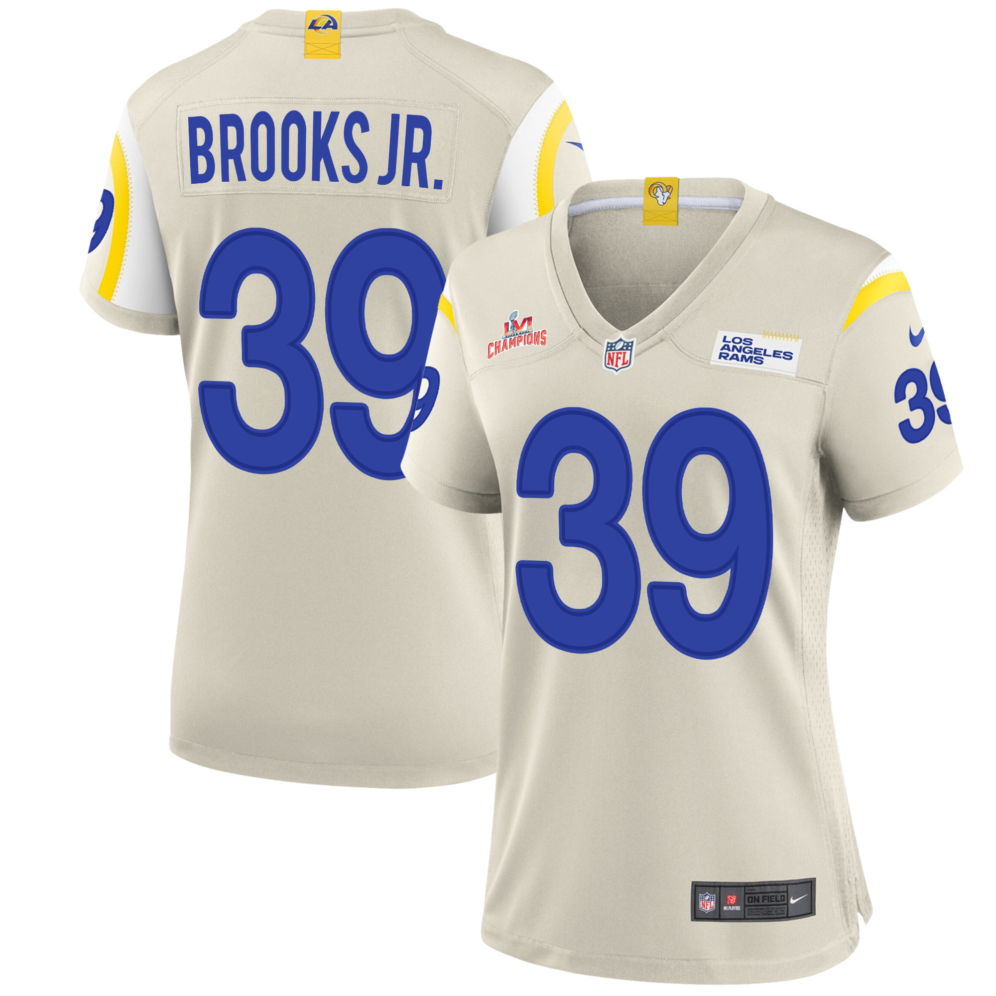 Super Bowl LVI Champions Los Angeles Rams Antoine Brooks Jr. 39 Bone Women's Jersey Jersey