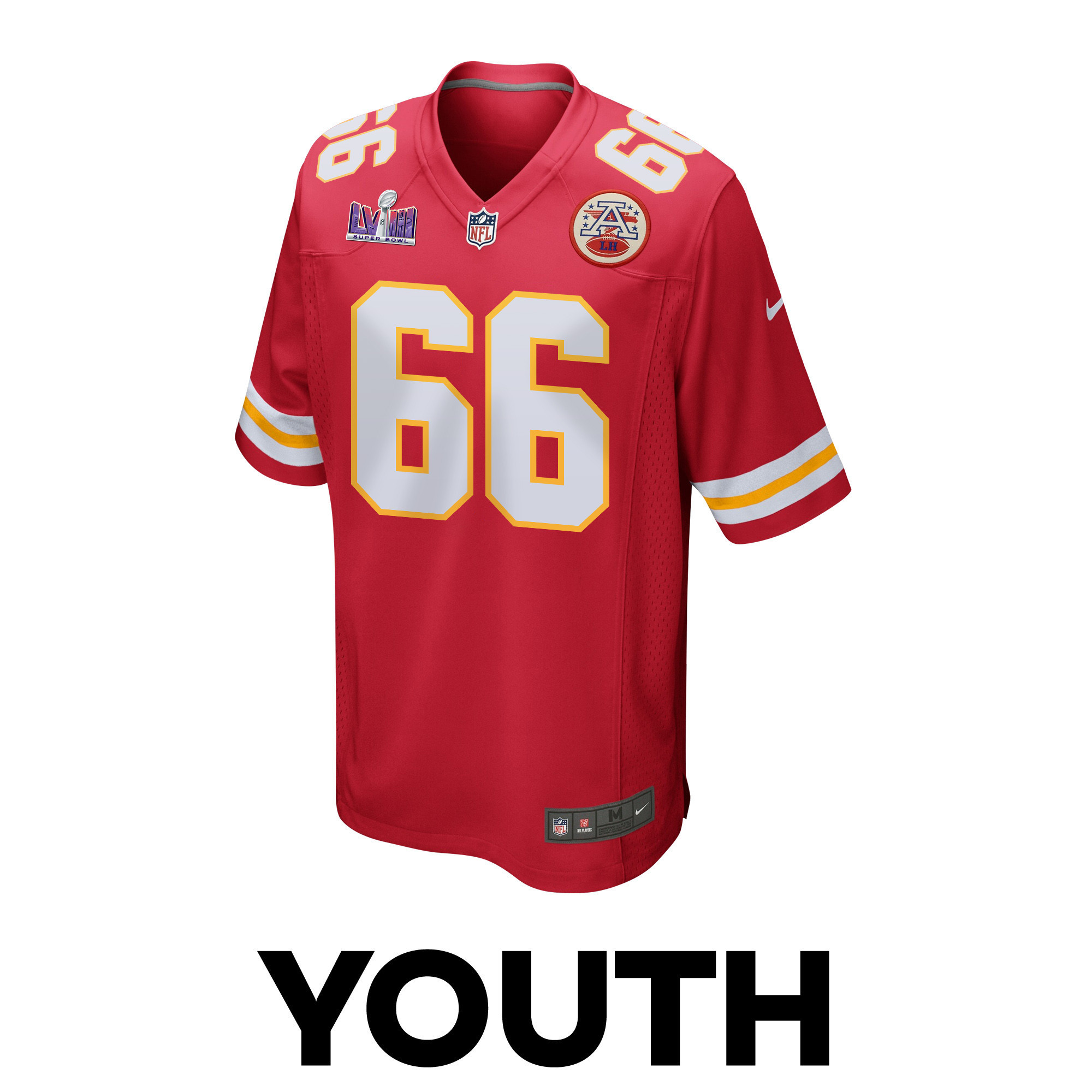 Mike Caliendo 66 Kansas City Chiefs Super Bowl LVIII Patch Game YOUTH Jersey - Red