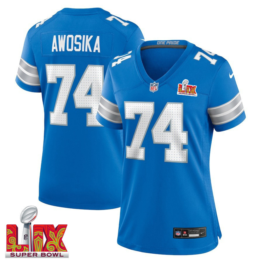 Kayode Awosika #74 Detroit Lions Super Bowl LIX Women's Jersey - Blue