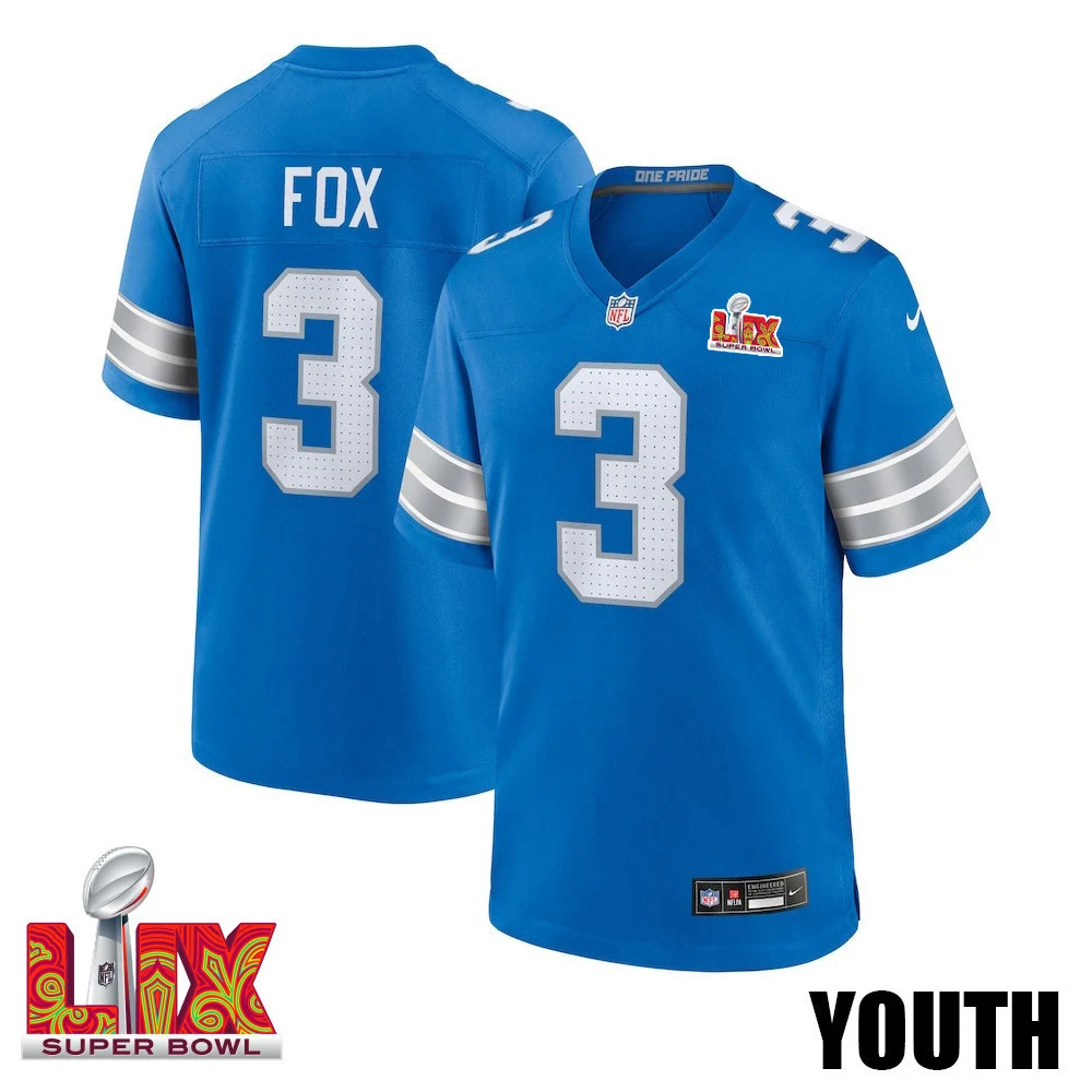 Jack Fox #3 Detroit Lions Super Bowl LIX YOUTH Jersey - Blue