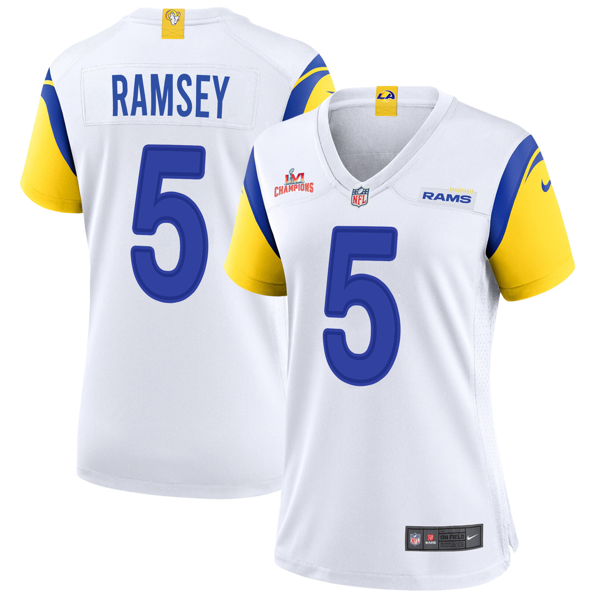 Super Bowl LVI Champions Los Angeles Rams Jalen Ramsey 5 White Women's Jersey Jersey