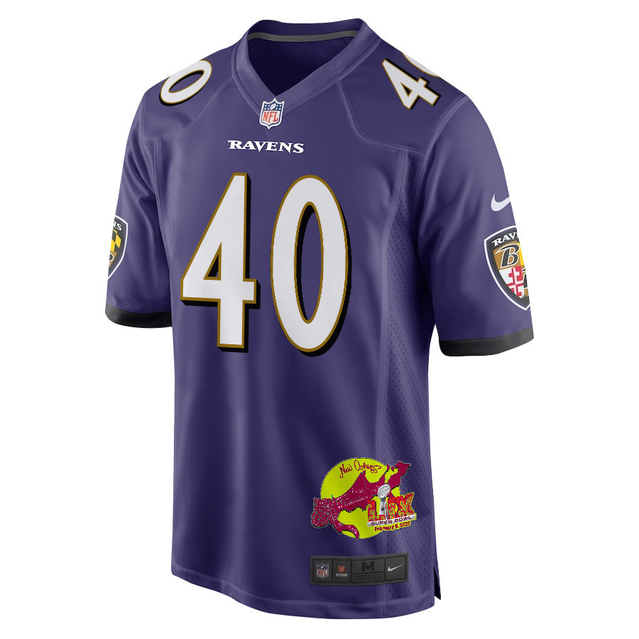 Malik Harrison 40 Baltimore Ravens Super Bowl LIX New Orleans Patch Game Men Jersey - Purple
