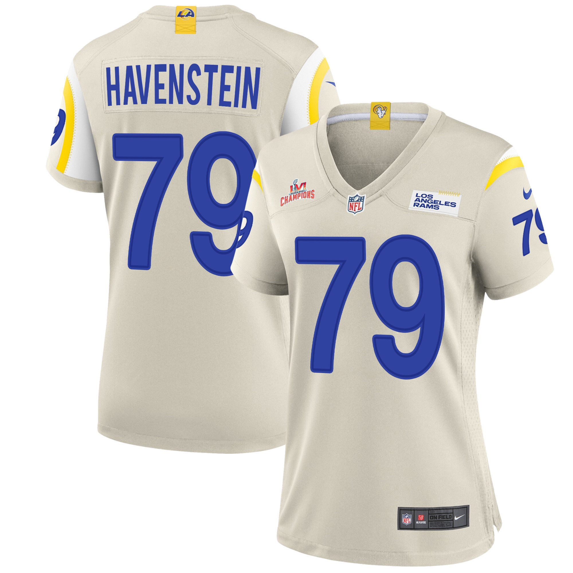 Super Bowl LVI Champions Los Angeles Rams Rob Havenstein 79 Bone Women's Jersey Jersey