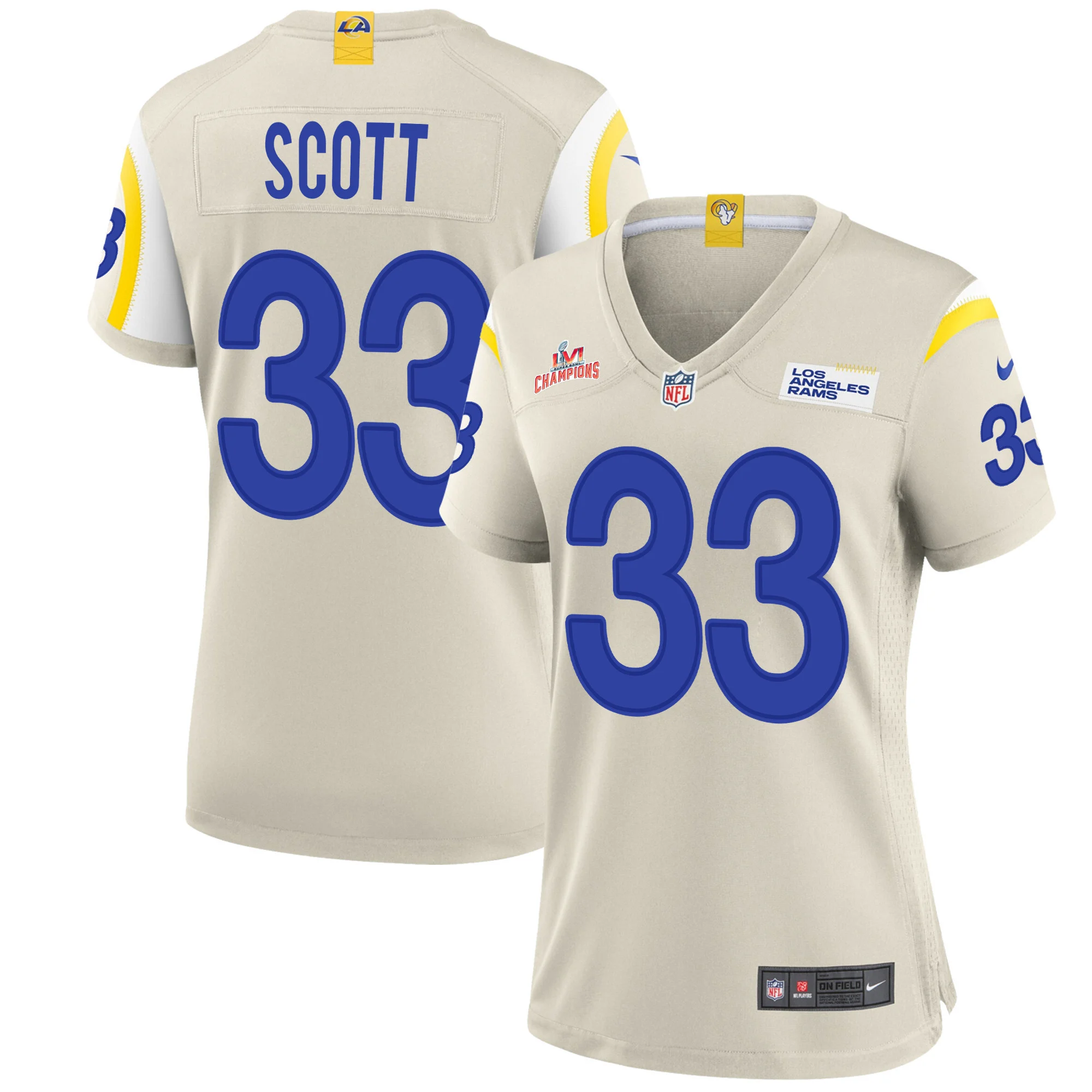 Super Bowl LVI Champions Los Angeles Rams Nick Scott 33 Bone Women's Jersey Jersey