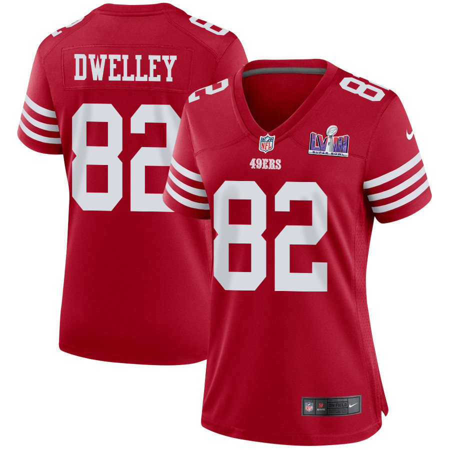 Ross Dwelley 82 San Francisco 49ers Super Bowl LVIII Patch Game Women Jersey - Scarlet