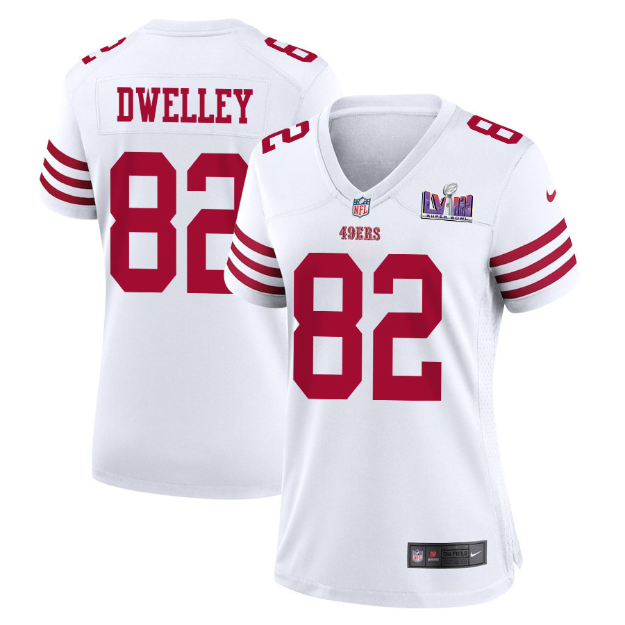 Ross Dwelley 82 San Francisco 49ers Super Bowl LVIII Patch Game Women Jersey - White