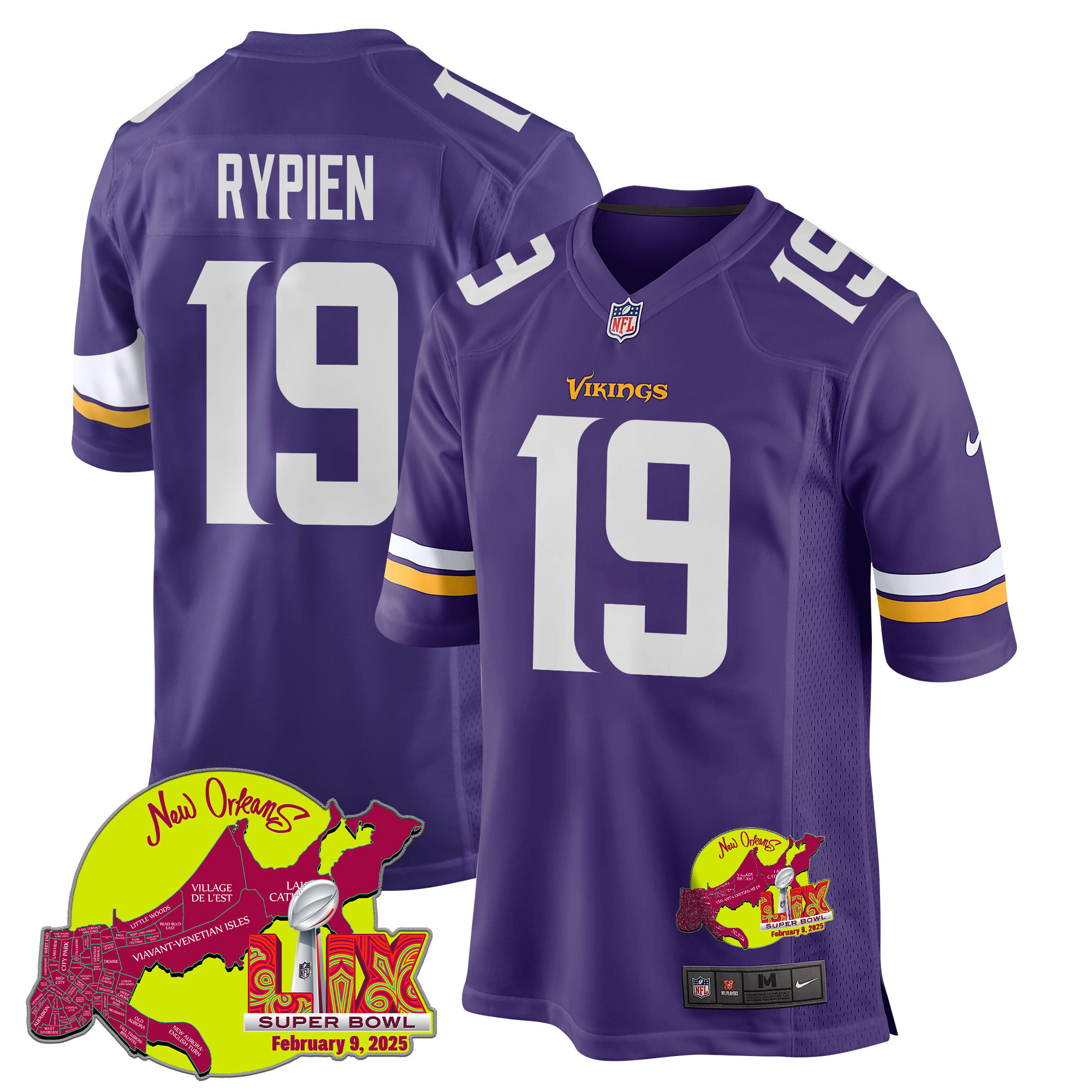 Brett Rypien 19 Minnesota Vikings Super Bowl LIX New Orleans Patch Game Men Jersey - Purple