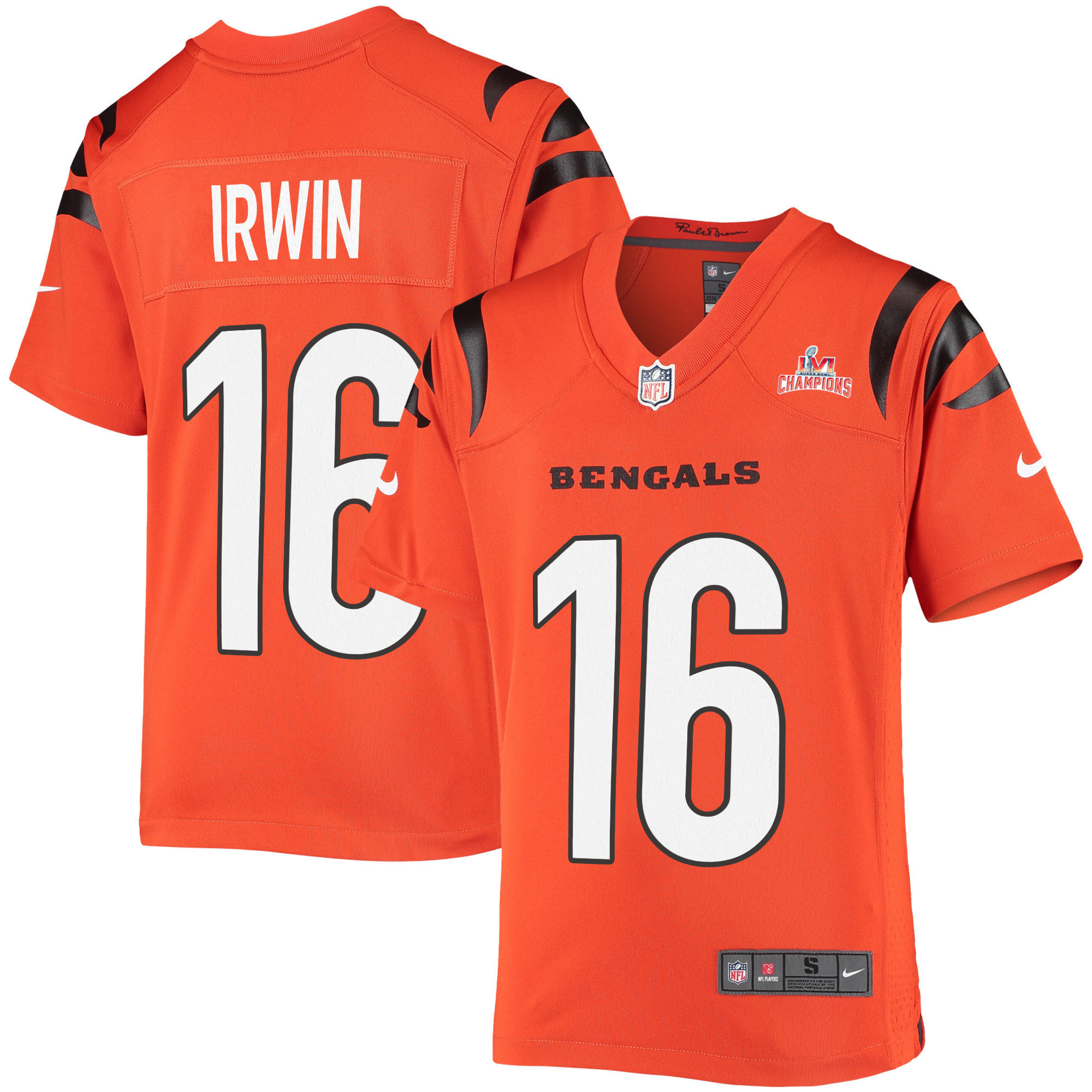 Super Bowl LVI Champions Cincinnati Bengals Trenton Irwin 16 Orange Youth's Jersey Jersey