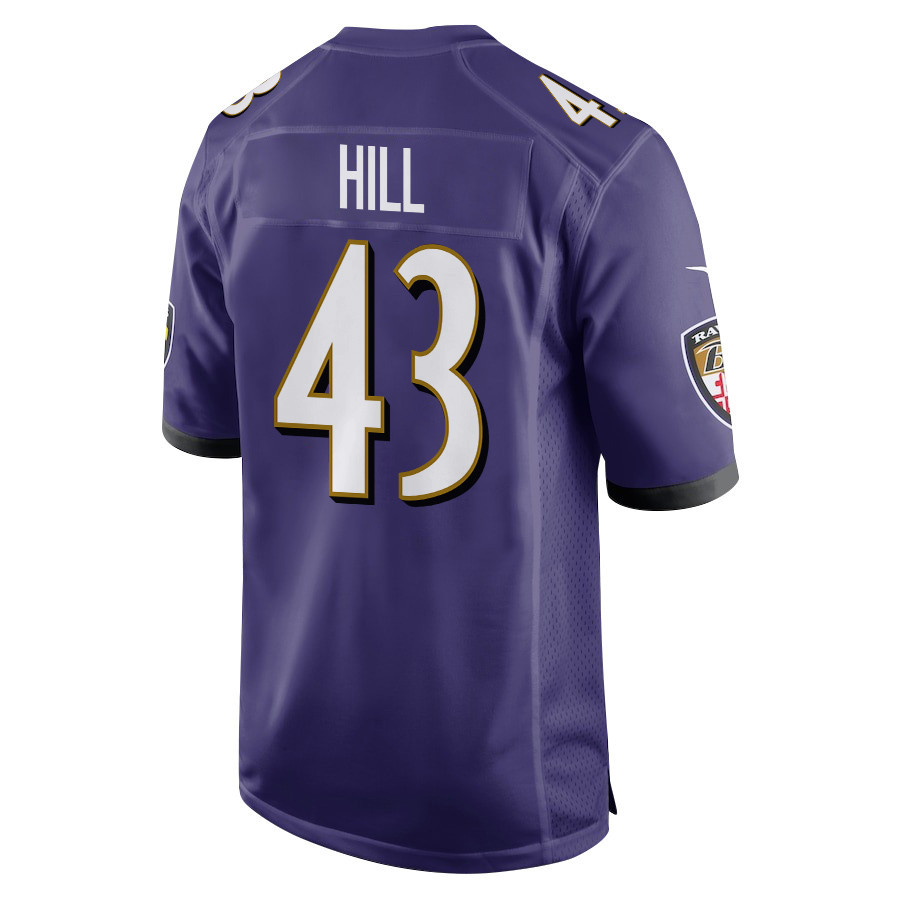 Justice Hill 43 Baltimore Ravens Super Bowl LIX New Orleans Patch Game Men Jersey - Purple