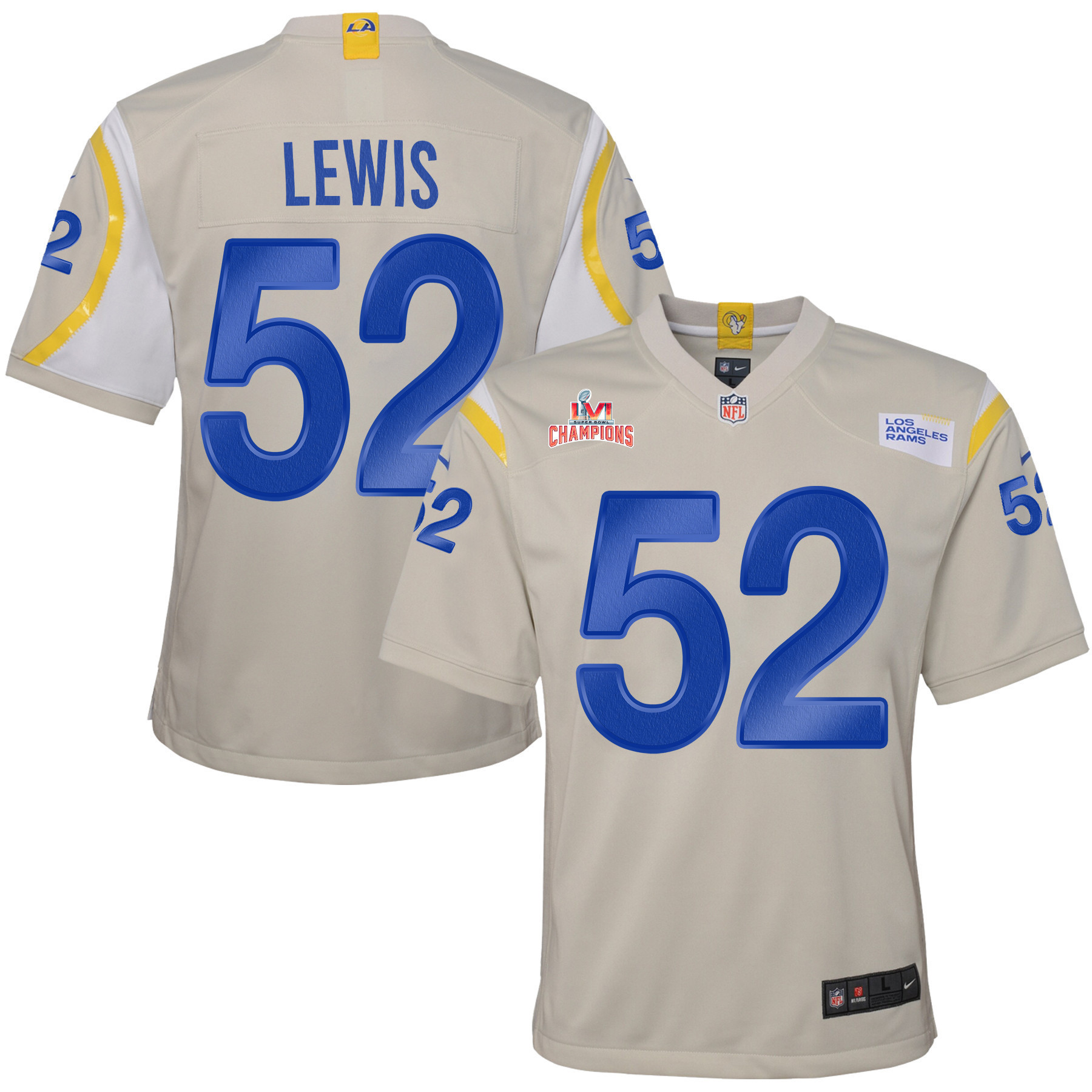 Super Bowl LVI Champions Los Angeles Rams Terrell Lewis 52 Bone Youth's Jersey Jersey