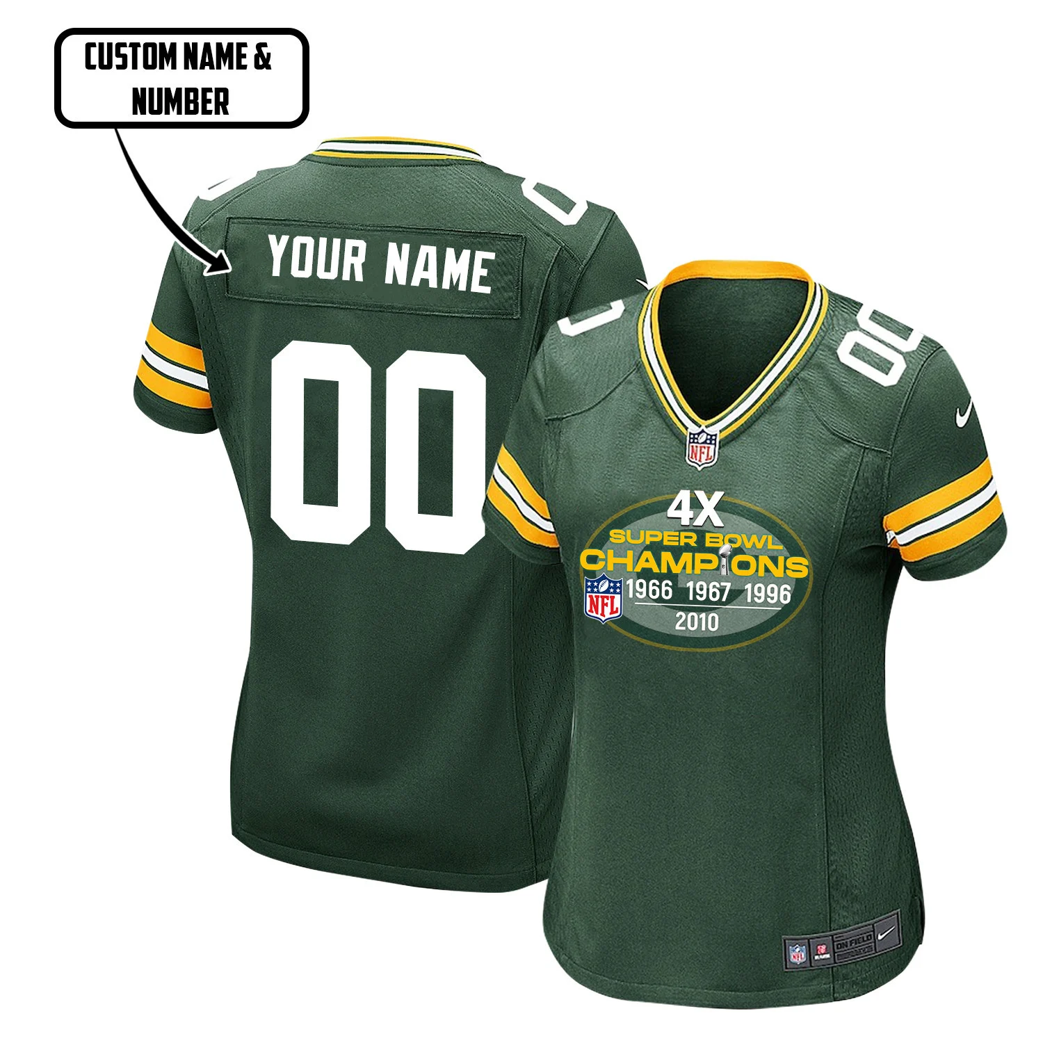 Green Bay Packers 4X Super Bowl Champions Jersey - Women, Green