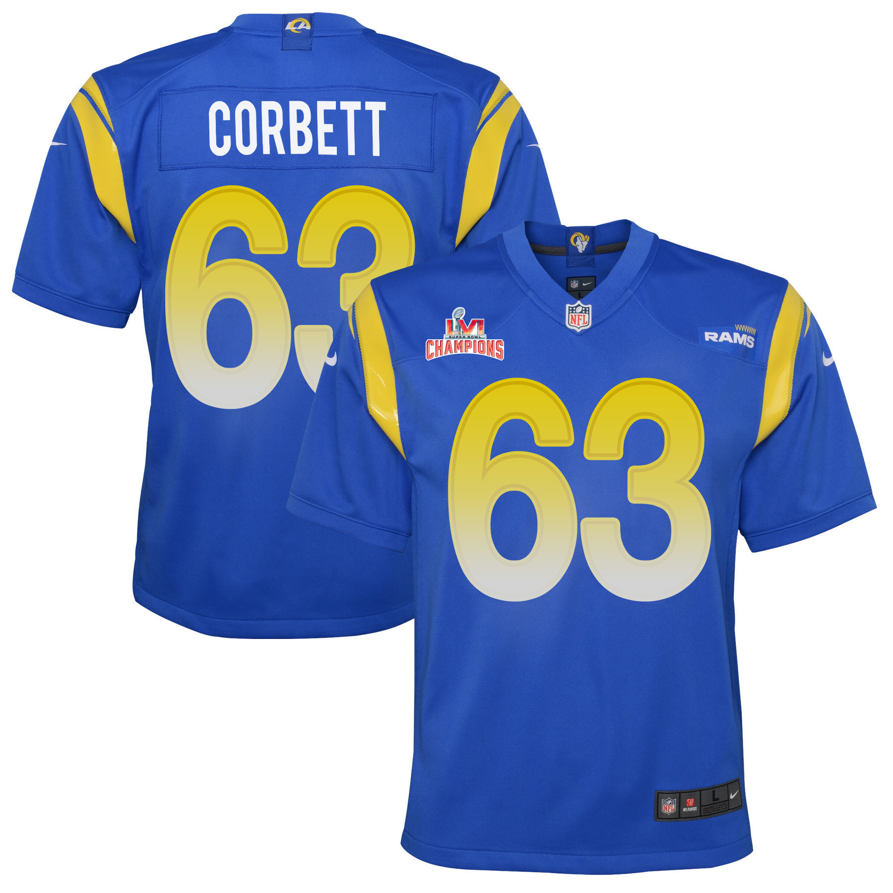 Super Bowl LVI Champions Los Angeles Rams Austin Corbett 63 Royal Youth's Jersey Jersey