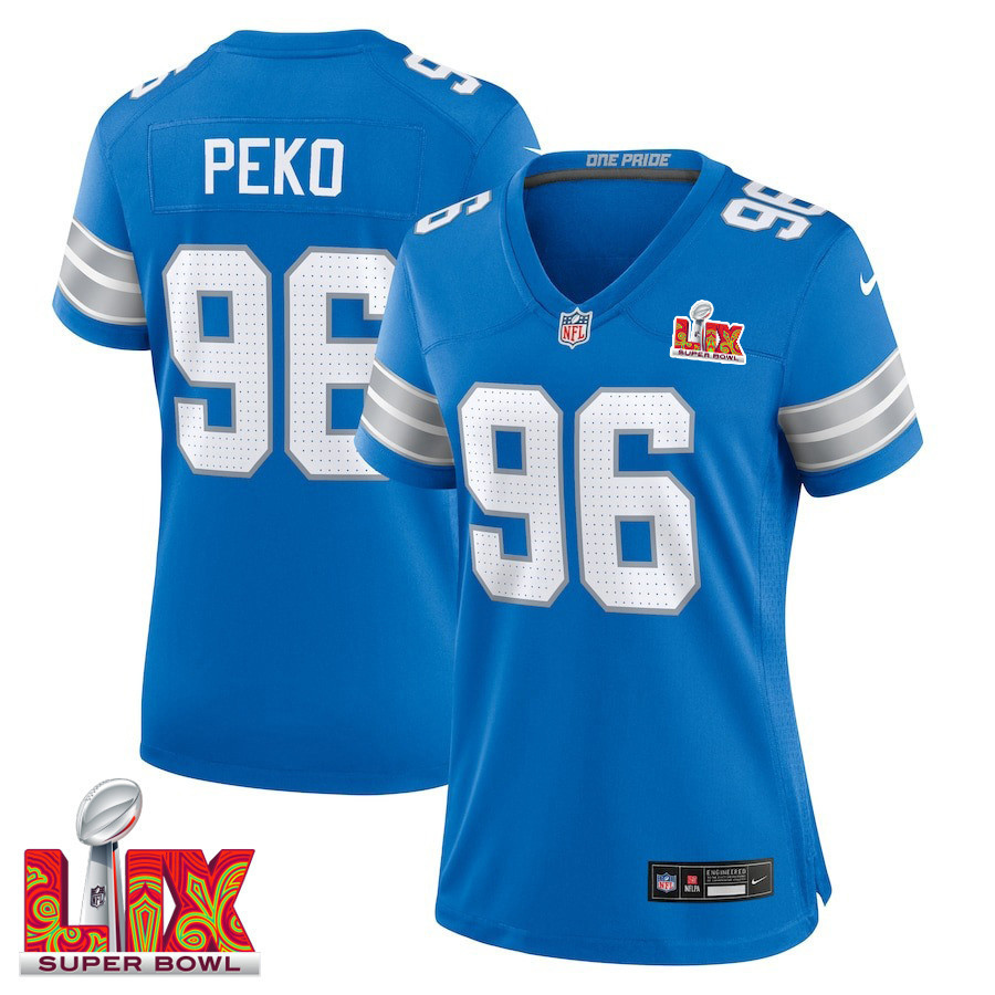 Kyle Peko #96 Detroit Lions Super Bowl LIX Women's Jersey - Blue
