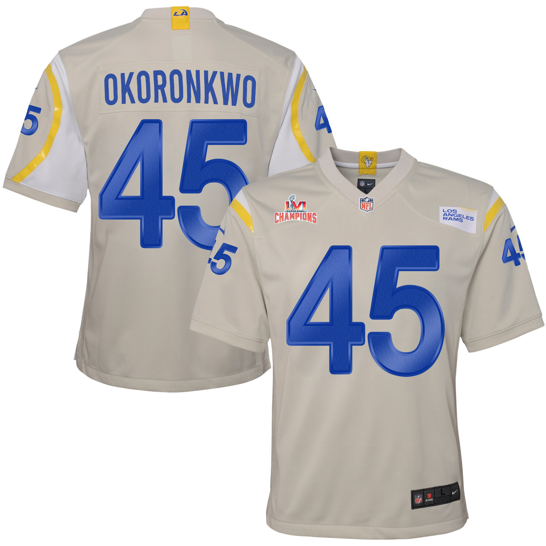 Super Bowl LVI Champions Los Angeles Rams Ogbonnia Okoronkwo 45 Bone Youth's Jersey Jersey